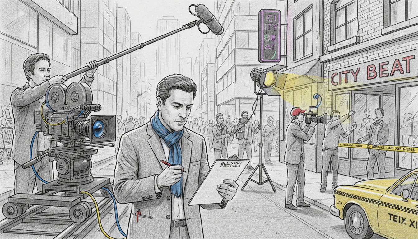 A behind-the-scenes view of film direction and production for a crime drama series, featuring a professional film set in a monochromatic pencil sketch style, with selective colorful accents highlighting equipment and crew members. In the foreground, a focused director in smart casual attire, reviewing a script, with a clipboard in hand. In the middle, a small film crew operates camera equipment, adjusting lights, and setting up props, each person wearing modest business attire. The background shows a set designed to resemble a modern city street, with vibrant colored accents on key elements like signage and background details. The lighting is soft and dramatic, creating an intimate yet busy atmosphere, captured from a low angle for depth and engagement. A behind-the-scenes view of film direction and production for a crime drama series, featuring a professional film set in a monochromatic pencil sketch style, with selective colorful accents highlighting equipment and crew members. In the foreground, a focused director in smart casual attire, reviewing a script, with a clipboard in hand. In the middle, a small film crew operates camera equipment, adjusting lights, and setting up props, each person wearing modest business attire. The background shows a set designed to resemble a modern city street, with vibrant colored accents on key elements like signage and background details. The lighting is soft and dramatic, creating an intimate yet busy atmosphere, captured from a low angle for depth and engagement.