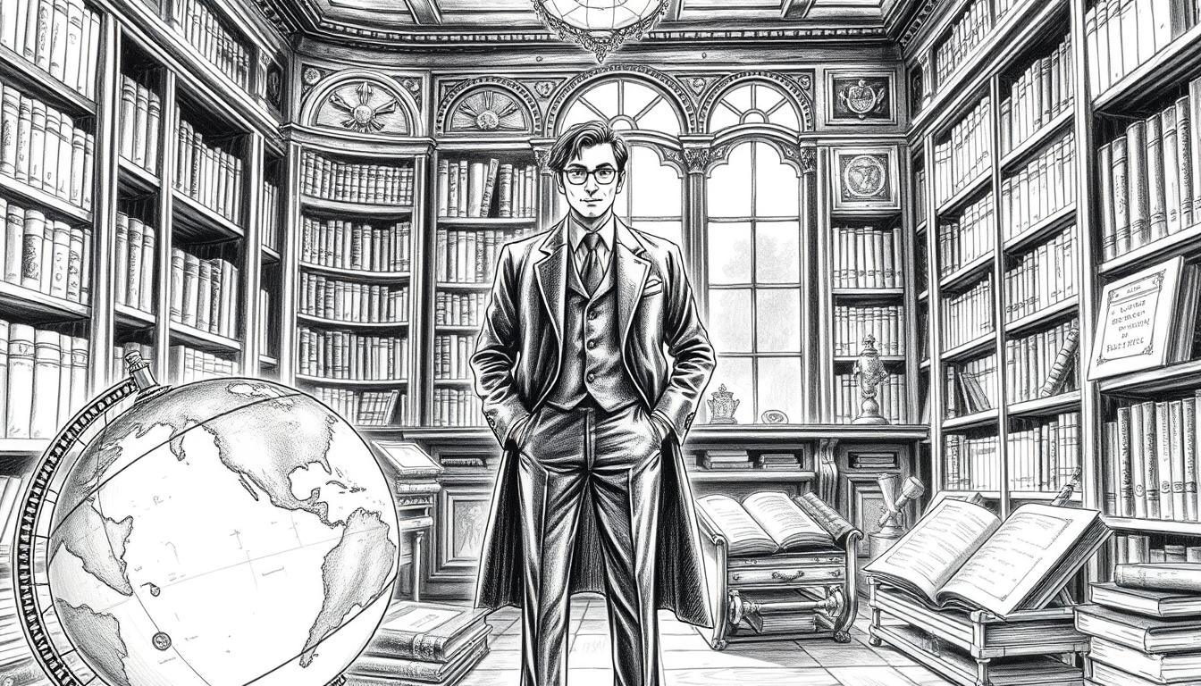 A black and white illustration depicting a harmonious blend of culture and science, featuring a distinguished figure in professional attire, standing confidently in an ornate library filled with books and artifacts of historical significance. In the foreground, a vintage globe and scientific instruments symbolize exploration and discovery. The middle ground reveals shelves packed with manuscripts and cultural artifacts, while a window in the background lets soft, diffused light filter through, creating a serene atmosphere. Subtle hints of color accentuate the covers of the books and a few artifacts, adding vibrancy to the otherwise monochromatic scene. The composition should evoke a mood of introspection and reverence for knowledge, captured in a detailed pencil sketch style.