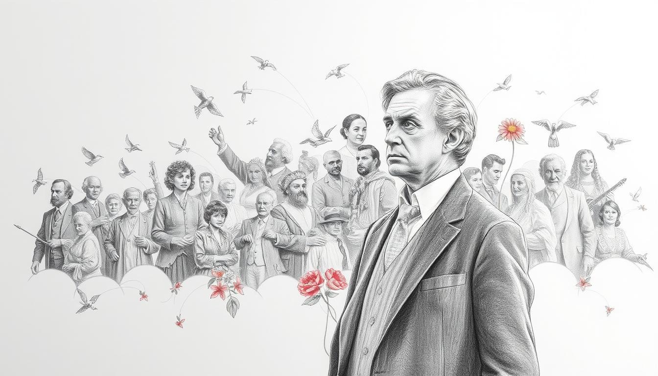 A black and white pencil drawing depicting a cultural tapestry illustrating significant births and deaths throughout history. In the foreground, a solemn figure represents a prominent historical personality, dressed in professional business attire, gazing thoughtfully at a symbolic representation of time, like an hourglass. In the middle ground, a collage of diverse historical figures from various cultures and eras, each rendered in elegant detail, signifies their impact on civilization. The background features a gently swirling pattern of clouds, symbolizing the passage of time, with occasional vibrant color accents highlighting key elements, such as flowers or symbols of different eras. Soft, diffused lighting creates a reflective atmosphere, evoking a sense of contemplation about the profound influence of these lives on the world. The composition is balanced and harmonious, drawing the viewer into its historical narrative. A black and white pencil drawing depicting a cultural tapestry illustrating significant births and deaths throughout history. In the foreground, a solemn figure represents a prominent historical personality, dressed in professional business attire, gazing thoughtfully at a symbolic representation of time, like an hourglass. In the middle ground, a collage of diverse historical figures from various cultures and eras, each rendered in elegant detail, signifies their impact on civilization. The background features a gently swirling pattern of clouds, symbolizing the passage of time, with occasional vibrant color accents highlighting key elements, such as flowers or symbols of different eras. Soft, diffused lighting creates a reflective atmosphere, evoking a sense of contemplation about the profound influence of these lives on the world. The composition is balanced and harmonious, drawing the viewer into its historical narrative.