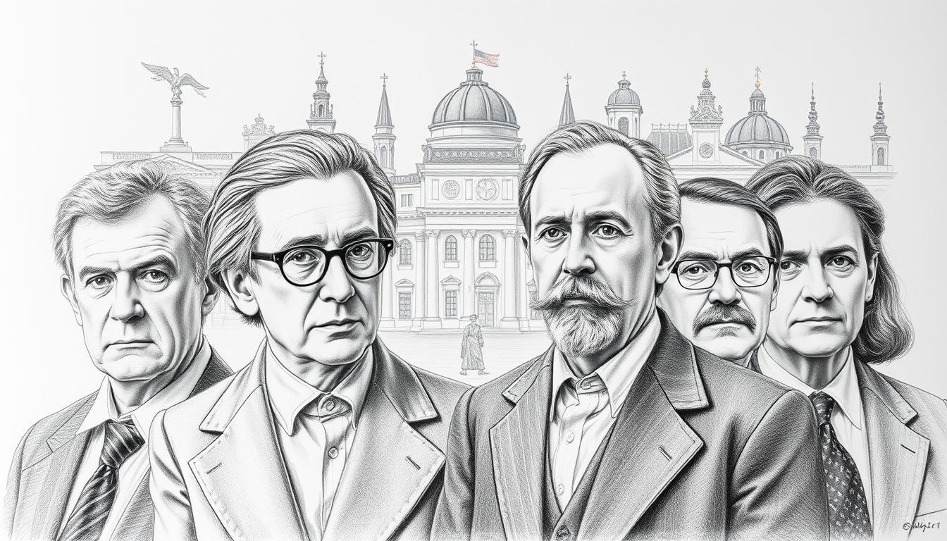 A black and white pencil drawing depicting iconic German figures born on March 11th, such as Joseph Beuys, Gottfried Wilhelm Leibniz, and others, portrayed in professional attire. The foreground showcases the portraits of these figures, each with a distinct expression reflecting their contributions to German culture. In the middle ground, a subtle backdrop of iconic German architecture and cultural symbols adds depth, illustrated with occasional colorful accents to highlight their significance. Soft, diffused lighting enhances the mood, creating a contemplative and respectful atmosphere. The composition is balanced, ensuring a harmonious interplay between the figures and the background, capturing the essence of 20th-century German culture without any text or distractions.