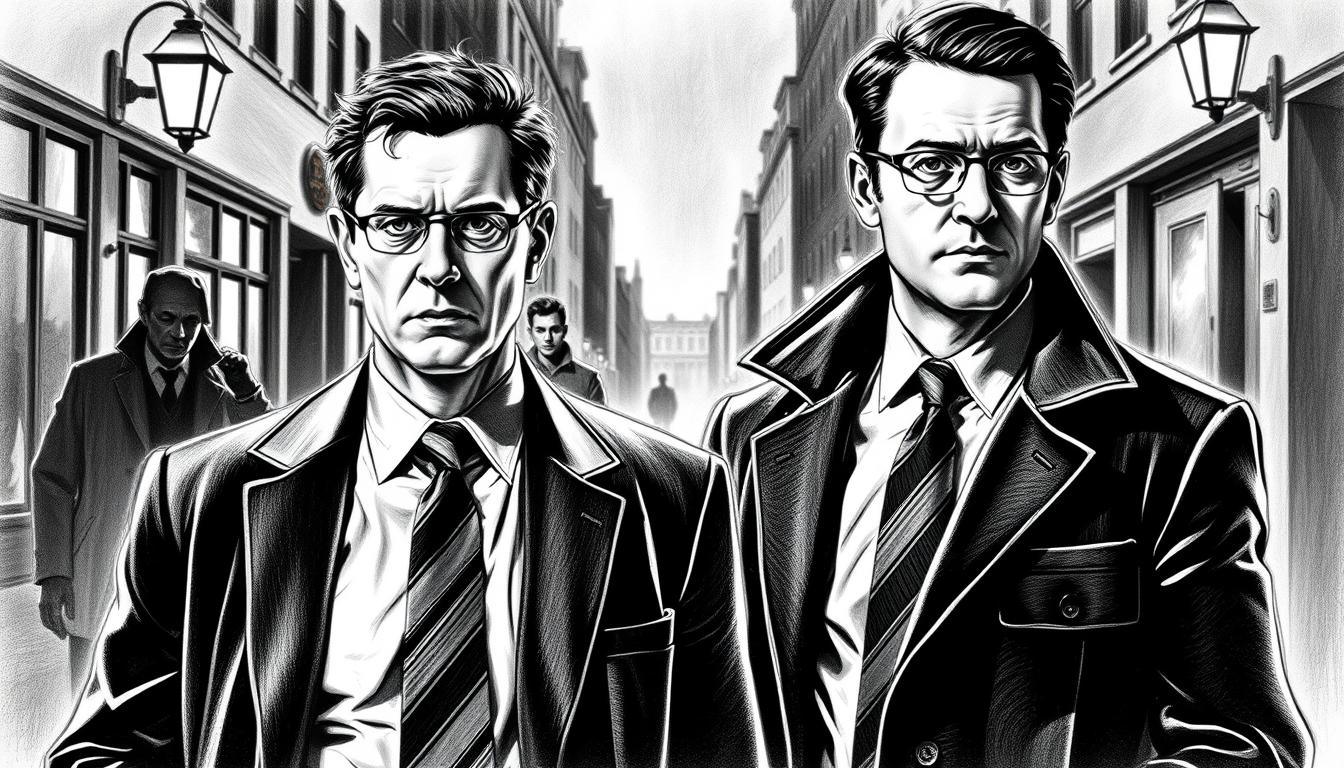A black and white pencil drawing of Paul Stoever and Peter Brockmöller as a crime-fighting duo, evoking the iconic atmosphere of the Hamburg "Tatort" series. In the foreground, Stoever, dressed in a professional business suit, stands confidently with a serious expression, while Brockmöller, in a smart casual outfit, leans slightly towards him, looking inquisitive. In the middle ground, add subtle details like a dimly lit Hamburg street, hinting at a crime scene, with shadowy figures in the background to create tension. Incorporate pointillist color accents subtly in the characters’ ties and the streetlights to enhance the moody ambiance. The lighting should cast dramatic shadows, emphasizing their facial features, capturing the essence of a thrilling detective narrative.