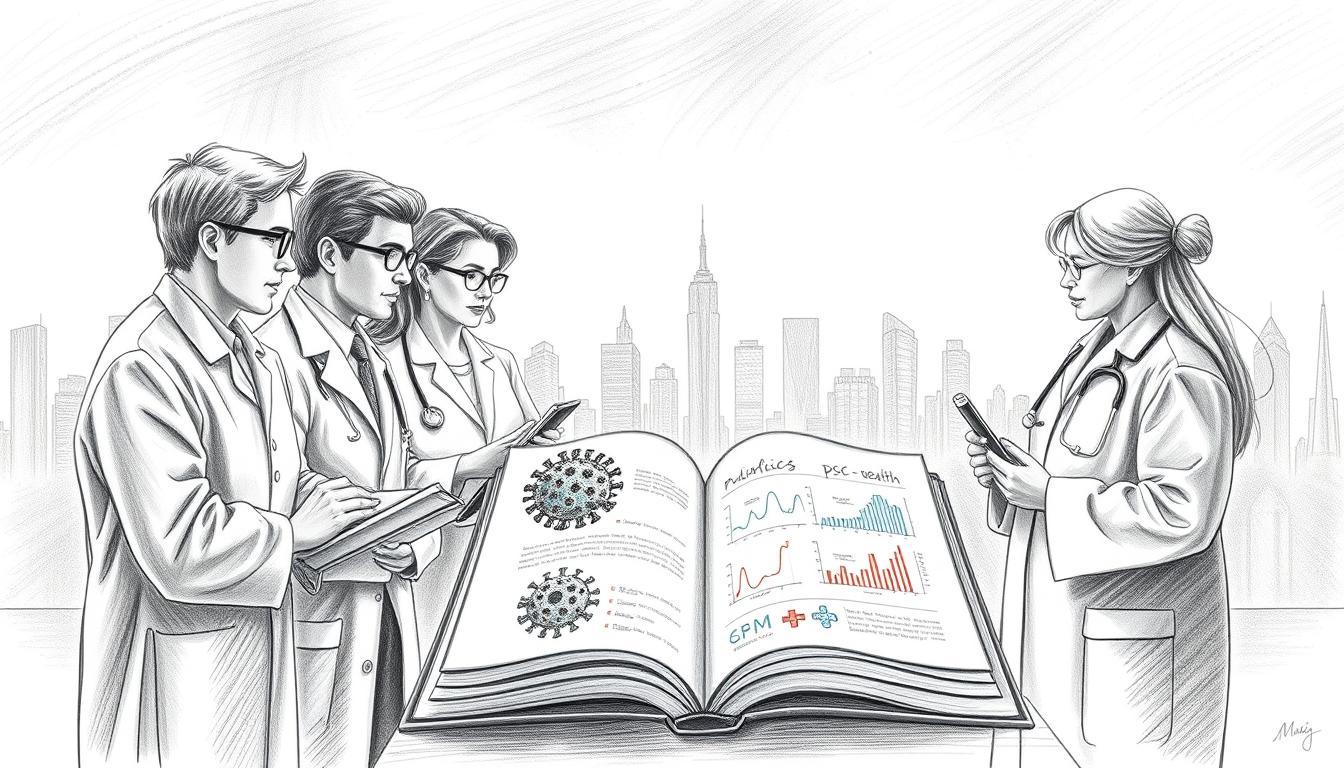 A black and white pencil drawing scene depicting the evolution of scientific thought and public health. In the foreground, a diverse group of professional figures, including a scientist with glasses, a physician in a lab coat, and a researcher with a notebook, engaged in deep discussion, emphasizing collaboration. The middle ground features an open book with pages displaying diagrams of viruses and health graphs, symbolizing shared knowledge. In the background, faint outlines of a city skyline and laboratory equipment, with punctuated color accents on critical elements like a vibrant virus illustration and bright medical tools, create a focal point. The soft, diffused lighting adds an inspirational atmosphere, highlighting the importance of science in combating pandemics. A black and white pencil drawing scene depicting the evolution of scientific thought and public health. In the foreground, a diverse group of professional figures, including a scientist with glasses, a physician in a lab coat, and a researcher with a notebook, engaged in deep discussion, emphasizing collaboration. The middle ground features an open book with pages displaying diagrams of viruses and health graphs, symbolizing shared knowledge. In the background, faint outlines of a city skyline and laboratory equipment, with punctuated color accents on critical elements like a vibrant virus illustration and bright medical tools, create a focal point. The soft, diffused lighting adds an inspirational atmosphere, highlighting the importance of science in combating pandemics.