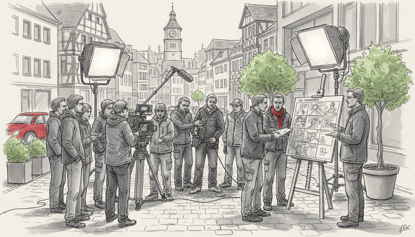 A black and white pencil sketch depicting a behind-the-scenes production setting of a ZDF crime drama. In the foreground, a diverse group of filmmakers is engaged in discussions while pointing at a storyboard featuring key scenes. The middle ground features camera operators setting up the equipment, with tripods and lighting positioned for filming. The background showcases a stylish urban location resembling a German cityscape, with buildings and cobblestone streets. Subtle colored accents, like bright red props and green foliage, add visual interest. The atmosphere is collaborative yet intense, capturing the essence of storytelling and production, with soft lighting reflecting the creativity involved in bringing true stories to life.