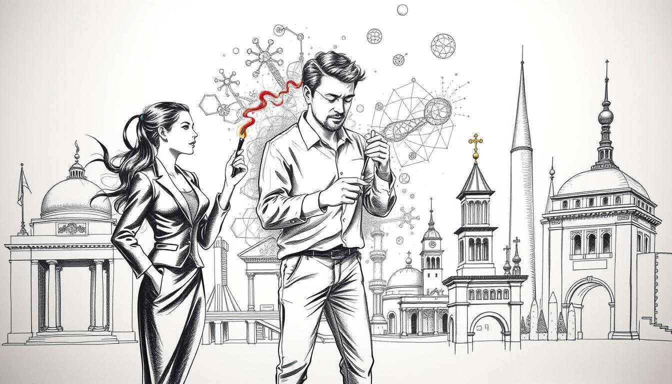 A black and white pencil sketch depicting a dynamic fusion of culture, science, and current events for the theme "Kultur, Wissenschaft und kurioses Zeitgeschehen." In the foreground, an elegant figure representing culture, dressed in professional business attire, holds a paintbrush, creating a colorful swirl of artistic expression. In the middle, a scientist in modest casual clothing examines a bubbling laboratory flask, surrounded by vibrant charts and diagrams. The background features iconic landmarks of scientific discovery and cultural heritage, rendered with fine details in monochrome, accented by spot colors for visual interest. Soft, diffused lighting highlights the subjects and their activities, creating a thoughtful yet vibrant atmosphere, with an emphasis on curiosity and exploration.