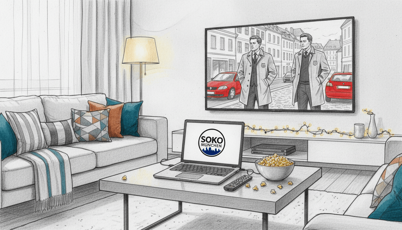 A black and white pencil sketch depicting a modern living room scene focused on streaming. In the foreground, a stylish, minimalist coffee table holds a laptop displaying the SOKO München logo, surrounded by remote controls and a bowl of popcorn. In the middle ground, a comfortable sofa adorned with colorful cushions invites viewers to relax and watch. Behind the sofa, a large wall-mounted TV showcases a vibrant image from a SOKO München episode, with spot color accents highlighting key elements. Soft, warm lighting illuminates the room, creating a cozy, inviting atmosphere. The overall mood suggests a relaxed viewing experience, emphasizing the accessibility of the series on streaming platforms. A black and white pencil sketch depicting a modern living room scene focused on streaming. In the foreground, a stylish, minimalist coffee table holds a laptop displaying the SOKO München logo, surrounded by remote controls and a bowl of popcorn. In the middle ground, a comfortable sofa adorned with colorful cushions invites viewers to relax and watch. Behind the sofa, a large wall-mounted TV showcases a vibrant image from a SOKO München episode, with spot color accents highlighting key elements. Soft, warm lighting illuminates the room, creating a cozy, inviting atmosphere. The overall mood suggests a relaxed viewing experience, emphasizing the accessibility of the series on streaming platforms.