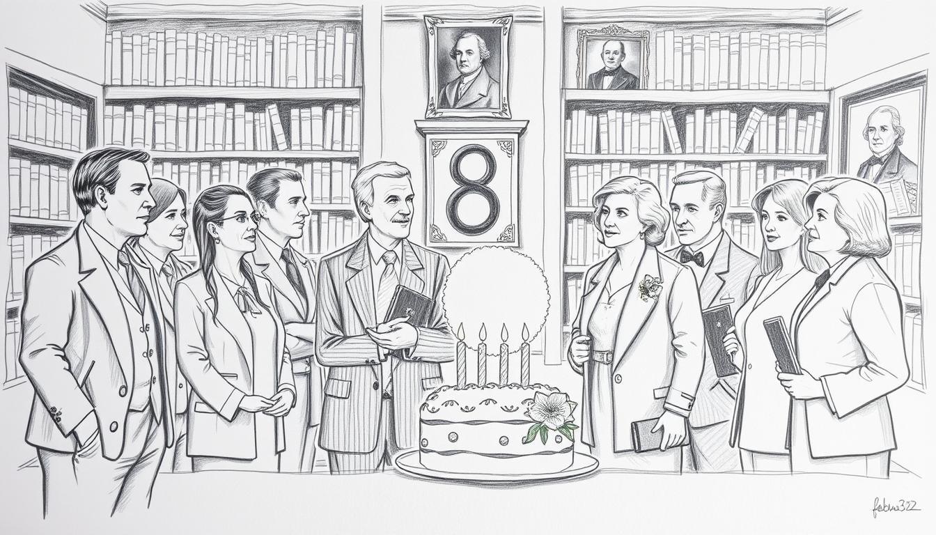 A black and white pencil sketch depicting notable personalities associated with February 8th, capturing both birthdays and death anniversaries. In the foreground, illustrate a diverse group of celebrated figures dressed in professional business attire, engaged in thoughtful conversation. In the middle ground, include symbolic elements such as birthday cakes and flowers representing memories of those who have passed, subtly colored for emphasis. The background features a softly lit setting resembling a historical library, with shelves of books and portraits of famous individuals, creating an atmosphere of reflection and contemplation. Use soft shadows and highlights to evoke a solemn yet respectful mood, inviting viewers to appreciate the significance of the day’s historical events.