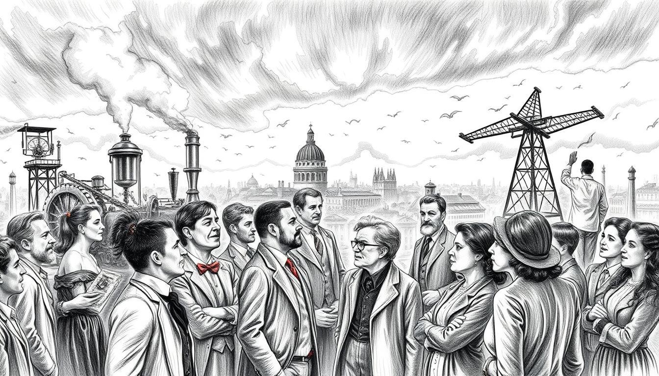 A black and white pencil sketch depicting revolutionary ideas of the 19th century. In the foreground, a diverse group of people in professional business attire engages in passionate discussion, showcasing scholars, inventors, and thinkers. The middle ground features iconic inventions like the steam engine and the telegraph, symbolizing technological progress. In the background, a cityscape with Victorian architecture under a dramatic sky, with clouds hinting at a storm representing upheaval and change. Include selective colorful accents, such as vibrant hues on the inventions and clothing details. The lighting creates a dynamic contrast, emphasizing the energy and innovation of the era, with a slight vignette effect to focus on the central figures and inventions. The overall mood is one of inspiration, contemplation, and forward-thinking.