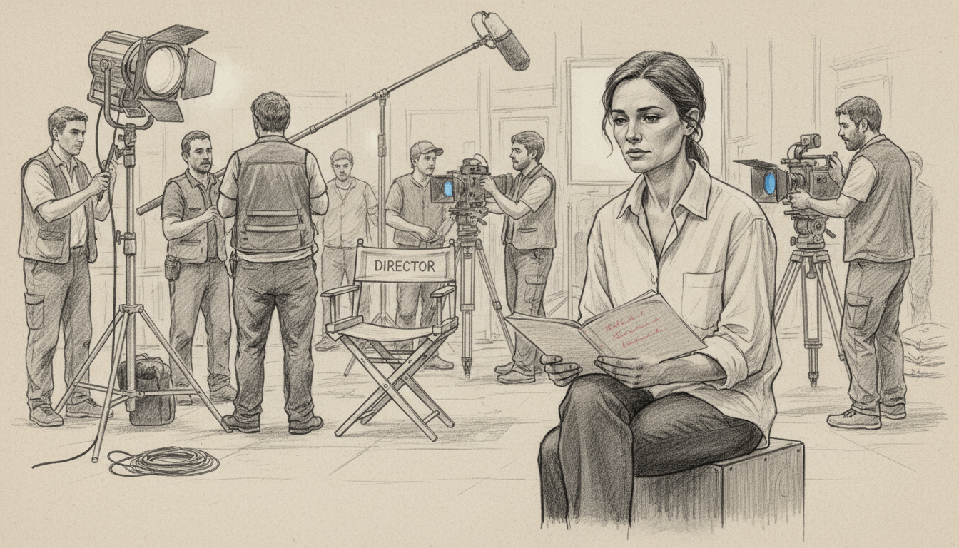 A black and white pencil sketch depicting the challenges faced by actresses on a film set, emphasizing beauty ideals and male dominance. In the foreground, a professional actress in modest casual clothing, looking contemplative while examining a script, displays a mix of determination and vulnerability. The middle ground features a film crew, primarily male, adjusting lights and cameras, showcasing a blend of power dynamics. The background illustrates a bustling film set, with equipment, a director’s chair, and a clapperboard, highlighting the hustle of production. Soft, focused lighting highlights the actress’s expression, while selective color accents on the script and equipment draw attention to the theme of bias and ambition. The atmosphere conveys tension and resilience, capturing the nuanced struggle within the film industry. A black and white pencil sketch depicting the challenges faced by actresses on a film set, emphasizing beauty ideals and male dominance. In the foreground, a professional actress in modest casual clothing, looking contemplative while examining a script, displays a mix of determination and vulnerability. The middle ground features a film crew, primarily male, adjusting lights and cameras, showcasing a blend of power dynamics. The background illustrates a bustling film set, with equipment, a director’s chair, and a clapperboard, highlighting the hustle of production. Soft, focused lighting highlights the actress’s expression, while selective color accents on the script and equipment draw attention to the theme of bias and ambition. The atmosphere conveys tension and resilience, capturing the nuanced struggle within the film industry.