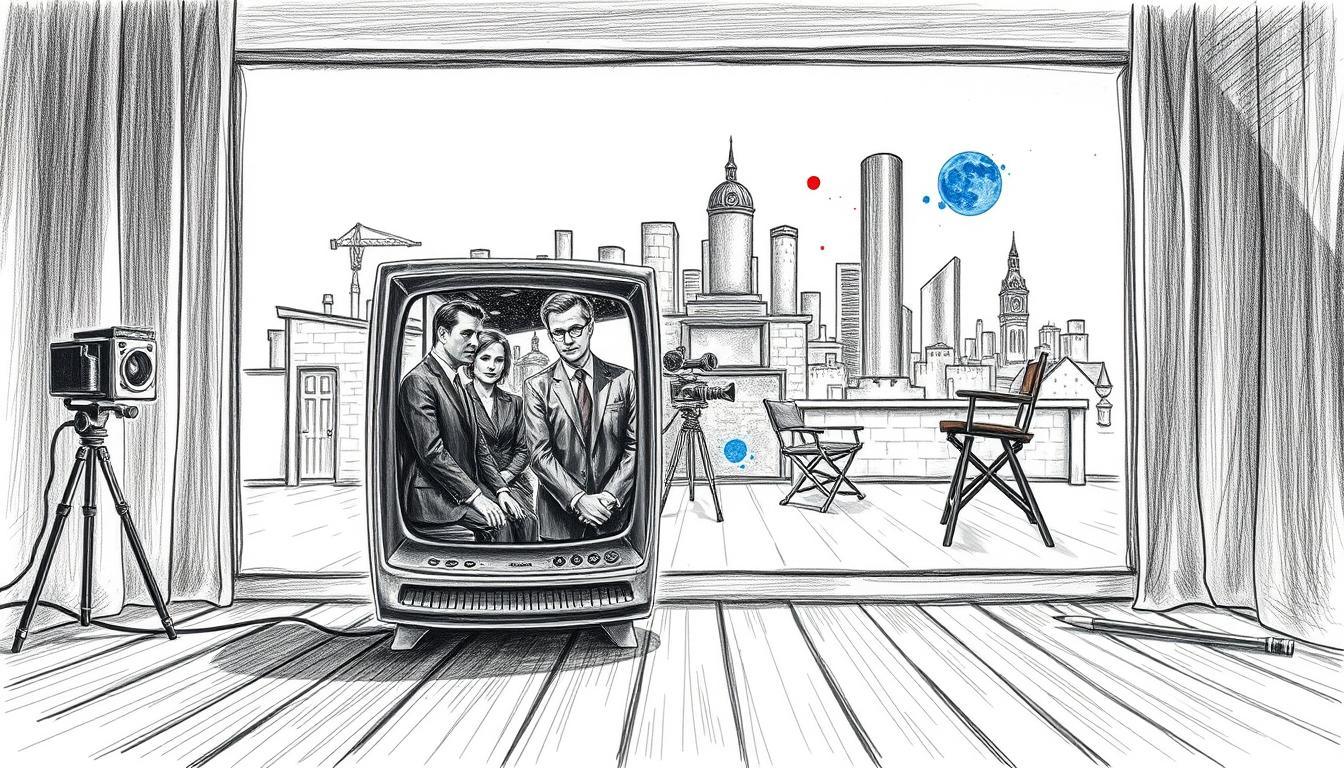 A black and white pencil sketch depicting the cultural significance of "Tatort" in German television. In the foreground, capture a classic television set showcasing a scene from "Tatort" with actors in professional attire, portraying a moment of dramatic tension. In the middle ground, include iconic elements like a vintage film camera and a director’s chair, subtly emphasizing the show's production aspects. The background should feature an abstract representation of a city skyline, symbolizing the diverse environments in which the series is set. Add selective splashes of color, like red for passion and blue for mystery, to highlight emotions associated with crime dramas. The lighting should evoke a moody atmosphere, blending nostalgia with contemporary relevance, all rendered with careful detail and shading, ensuring a sophisticated and poignant visual representation.