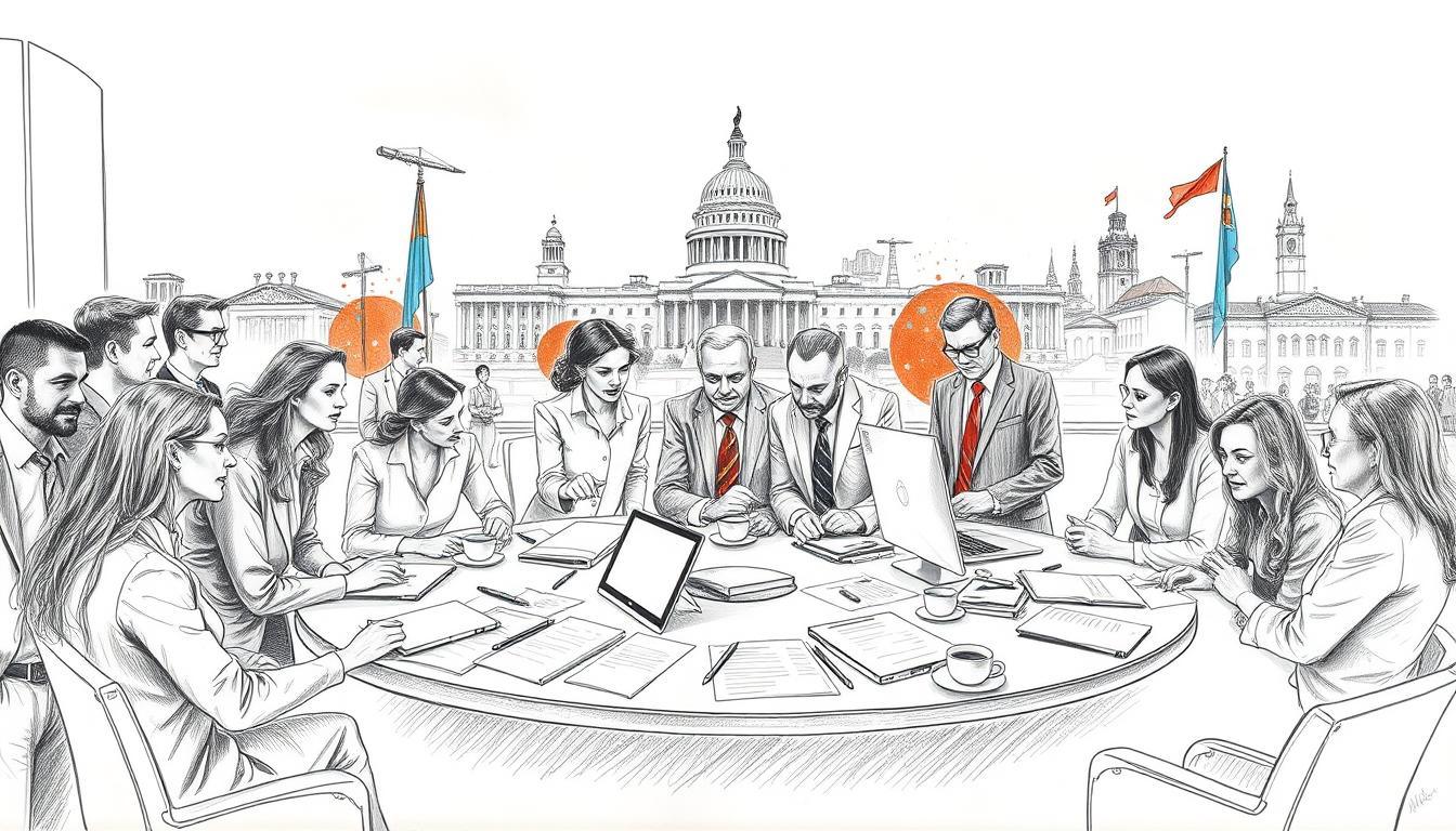 A black and white pencil sketch illustrating a bustling political scene. In the foreground, a diverse group of professionals in business attire engaged in conversation, exuding determination and collaboration. In the middle ground, a large round table filled with documents, laptops, and coffee cups, symbolizing strategic discussions on society's pressing issues. Several well-dressed figures, both men and women, analyzing data on screens. In the background, a city skyline featuring iconic government buildings, subtly highlighted with vibrant colors like blue and red to signify key political themes. Warm, soft lighting casts gentle shadows, creating an engaging and dynamic atmosphere, emphasizing the importance of politics and society. No text or logos present, ensuring a clean visual focus.