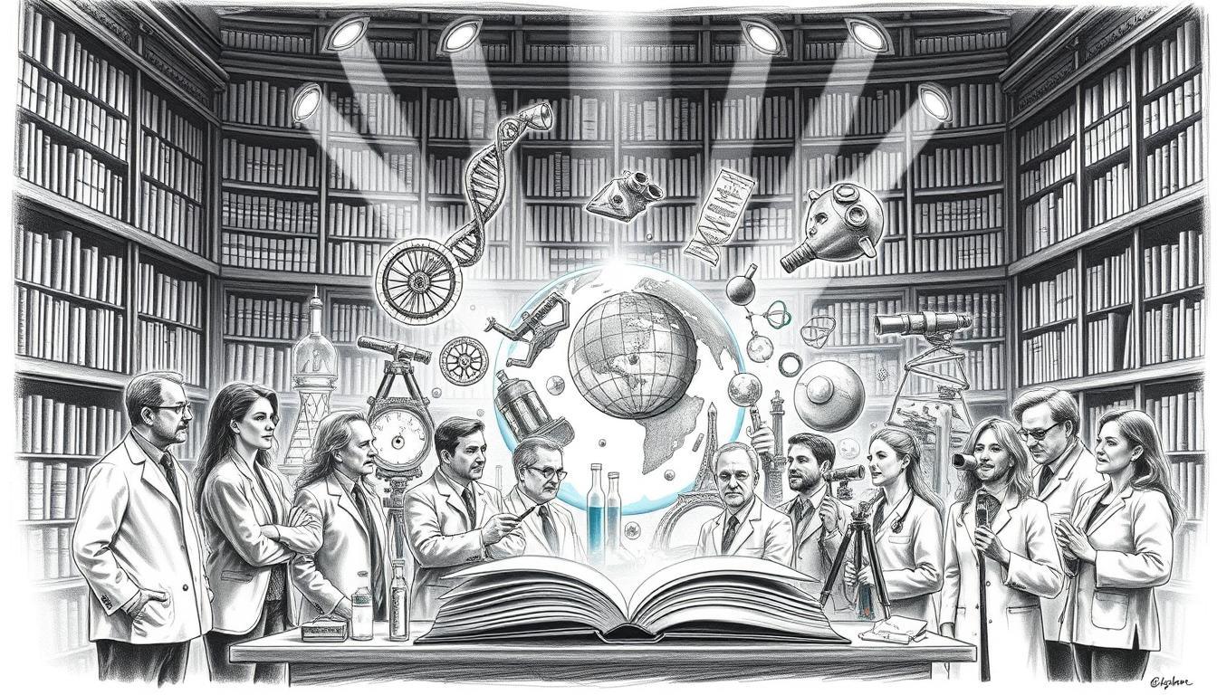 A breathtaking black and white pencil sketch that captures the essence of scientific breakthroughs and discoveries. In the foreground, a diverse group of scientists in professional attire—men and women of various ages and ethnicities—collaborate around a large, illuminated globe and an array of scientific instruments, such as beakers and telescopes. In the middle ground, detailed illustrations of famous inventions, like the wheel and a DNA double helix, emerge from the pages of an open book, symbolizing knowledge. The background features towering bookshelves filled with ancient tomes, subtly lit with warm spotlights, creating a scholarly ambiance. Include selective color accents—vibrant blue highlights on the globe and hints of green in the scientific instruments—to emphasize their significance. The overall mood should evoke a sense of wonder and the limitless pursuit of knowledge. A breathtaking black and white pencil sketch that captures the essence of scientific breakthroughs and discoveries. In the foreground, a diverse group of scientists in professional attire—men and women of various ages and ethnicities—collaborate around a large, illuminated globe and an array of scientific instruments, such as beakers and telescopes. In the middle ground, detailed illustrations of famous inventions, like the wheel and a DNA double helix, emerge from the pages of an open book, symbolizing knowledge. The background features towering bookshelves filled with ancient tomes, subtly lit with warm spotlights, creating a scholarly ambiance. Include selective color accents—vibrant blue highlights on the globe and hints of green in the scientific instruments—to emphasize their significance. The overall mood should evoke a sense of wonder and the limitless pursuit of knowledge.