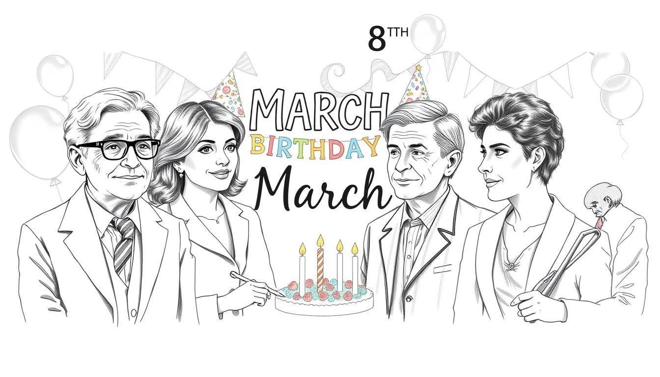 A calendar page for March 8th, illustrated in black and white pencil sketch with subtle colorful accents, featuring portraits of famous personalities who celebrate their birthdays on this date. In the foreground, depict a diverse group of four individuals, shown in tasteful professional attire, engaged in various activities representative of their contributions to society. In the middle, a stylized decorative border featuring birthday elements like cakes, candles, and balloons, blending harmoniously with the portraits. The background should consist of soft, blurred outlines of a festive gathering, creating a celebratory atmosphere. Use soft, natural lighting to enhance the mood, with a slight focus on the faces of the personalities, capturing warmth and inspiration.
