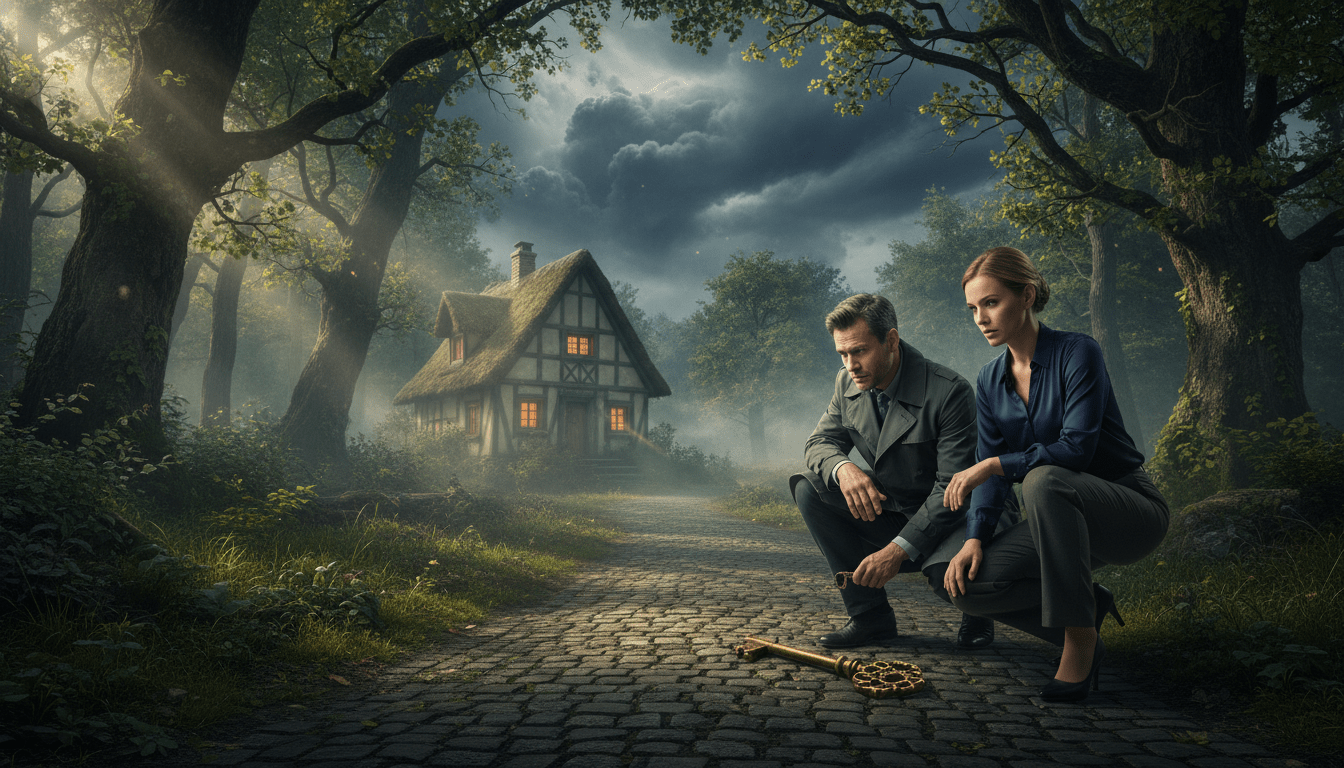 A captivating scene blending elements of fairy tales with the unique atmosphere of a crime drama, set in the enchanting Schwarzwald forest. In the foreground, a cobblestone pathway winds through towering, ancient trees, dappled with soft, ethereal light filtering through the leaves. A well-dressed detective and an elegant partner, both in professional attire, stand thoughtfully examining an old, ornate key on the ground, hinting at a hidden mystery. In the middle ground, a quaint, storybook cottage is partially obscured by mist, creating an element of intrigue. The background features heavy, dark clouds rolling over the forest, adding tension to the atmosphere. The scene is captured with a cinematic wide-angle lens, emphasizing the enchanting yet suspenseful mood of this tale.