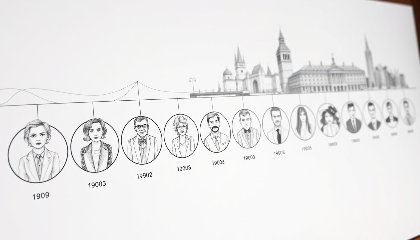 A chronological overview of significant birthdays on March 11th, depicted in a sophisticated black-and-white pencil sketch style with selective colorful accents. In the foreground, a series of elegantly drawn circles or frames, each containing a different notable figure from various decades, portrayed in professional attire or modest casual clothing. In the middle layer, gently flowing lines connecting the figures, representing the passage of time, transition into abstract shapes resembling decades. The background features a subtle, blurred cityscape or historical landmarks to suggest a rich cultural context, enhancing the mood of nostalgia and celebration. Soft, diffused lighting creates a warm atmosphere, inviting viewers to appreciate the diversity of talents born on this date, without any text or graphic overlays.