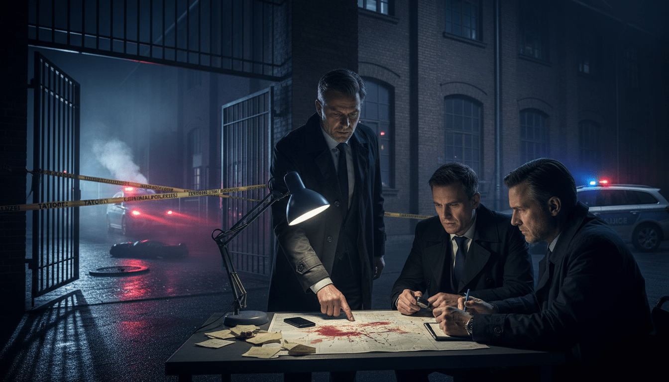 A cinematic scene capturing the essence of the "Tatort" series, featuring a compelling crime investigation setting. In the foreground, a team of detectives in professional attire is engaged in deep discussion, examining clues, with expressions reflecting determination and focus. In the middle ground, a crime scene tape demarcates an area, hinting at tension and mystery. The background reveals a dimly lit urban environment, with shadows cast by a nearby building and scattered police lights creating a mood of urgency and suspense. The lighting is soft yet stark, emphasizing the seriousness of the investigation, while a low-angle perspective enhances the drama. The overall atmosphere conveys a classic, gritty crime drama aesthetic that embodies the hallmark characteristics of the "Tatort" series.