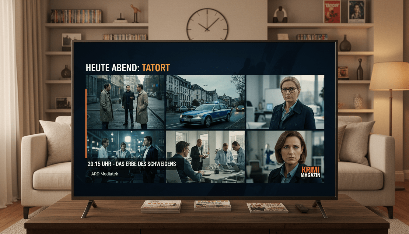 A cinematic scene depicting the details of a TV broadcast schedule, focusing on the "Tatort" series. In the foreground, a sleek, modern television screen displays vibrant images from various episodes, showcasing dramatic moments with actors in professional business attire. In the middle ground, a stylish living room setting with cozy furniture, soft lighting, and an inviting atmosphere. A coffee table is adorned with themed magazines about "Tatort" and a sleek remote control. The background features a well-organized bookshelf with film-related items and a subtle wall clock indicating the time of the broadcast. The overall mood is engaging and anticipatory, portrayed with warm, inviting lighting and a slight depth of field to draw attention to the screen.