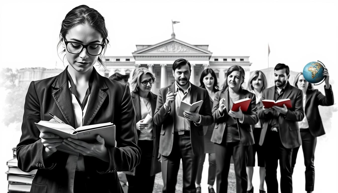 A compelling black-and-white depiction of a diverse group of intellectuals symbolizing "Wissenschaft und Widerstand" on March 11. In the foreground, a female scientist, dressed in professional business attire, notes down ideas in a notebook, surrounded by books and scientific instruments, her face showing determination. In the middle ground, a group of various figures, including a historian and an activist, engage in deep discussion, gesturing passionately, emphasizing intellectual collaboration and resistance. The background features an abstract representation of a university building, hinting at academia, with subtle colored accents highlighting key elements, such as a red book or a blue globe. Soft diffused lighting illuminates the scene, creating an inspiring yet contemplative atmosphere, shot from a slightly elevated angle to give depth and context to their contributions.