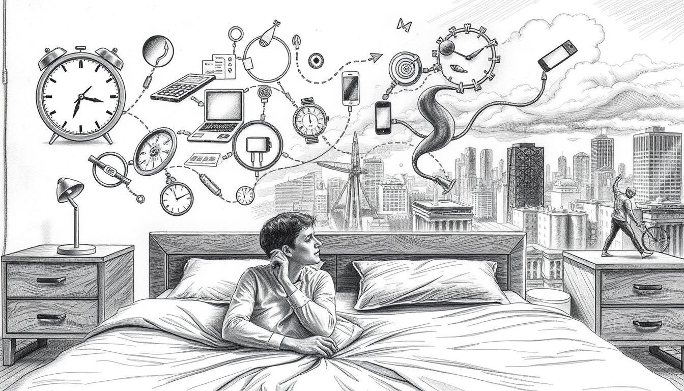 A conceptual illustration depicting the complex causes of sleep disorders, rendered in pencil black and white with selective colorful accents. In the foreground, a peaceful bedroom setting with a neatly made bed and a relaxed figure in modest casual clothing, representing a person contemplating their sleep issues. The middle layer shows interconnected elements like a clock, stress-inducing technology, and lifestyle factors like diet and exercise depicted as organic shapes intertwining. In the background, a dream-like, soft focus scene of a chaotic urban environment with swirling clouds symbolizing anxiety and external pressures. The mood is contemplative and slightly troubled, with soft lighting highlighting the contrasts between comfort and chaos, photographed from a slightly elevated angle to capture the layers effectively.