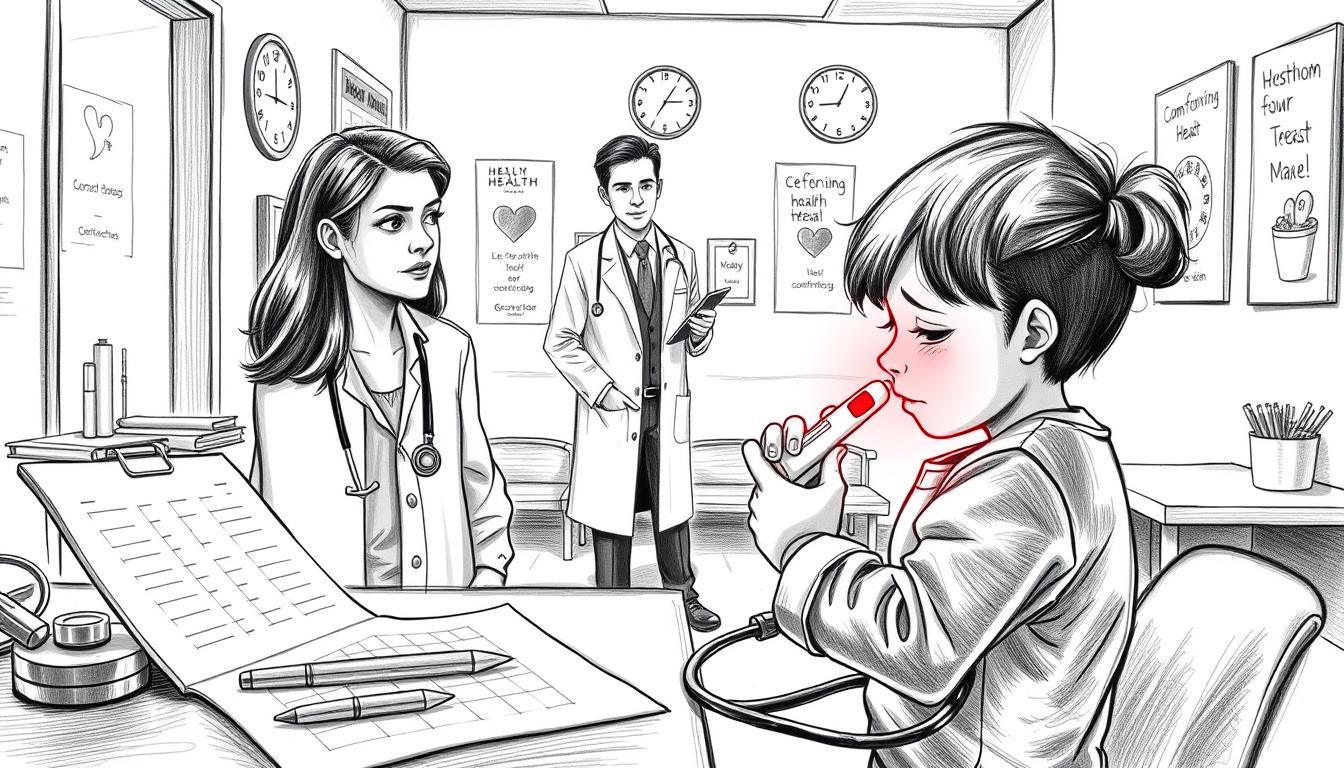 A concerned parent in a doctor's office, holding a thermometer, with a child showing visible signs of fever such as flushed cheeks and a slightly dazed expression. The foreground features a medical chart on the desk, alongside an otoscope and a stethoscope, emphasizing the clinical setting. In the middle ground, a doctor in a white coat approaches with a compassionate expression, ready to assist, while a wall clock indicates time urgency. The background reveals a calming pastel-colored waiting area, decorated with comforting posters about health. The scene is in black and white pencil sketch style, with selective pops of color highlighting the thermometer, the doctor's coat, and the child’s cheeks, creating an empathetic yet urgent atmosphere. The lighting is soft and inviting, enhancing the mood of care and concern.