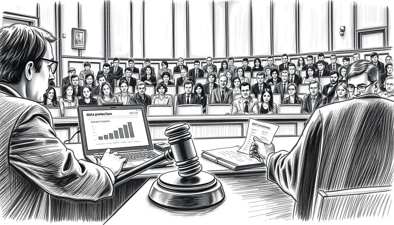 A courtroom scene depicted in detailed black and white pencil sketch style, showcasing a judge in professional attire presiding over a case related to data retention laws. In the foreground, the judge's gavel strikes the desk, symbolizing authority. The middle ground features an array of legal documents and a laptop displaying graphs and statistics about data privacy. In the background, rows of wooden benches filled with attentive, professional-looking spectators observing the proceedings, conveying the importance of the event. Soft, dramatic lighting illuminates the courtroom, creating a serious yet engaged atmosphere. Subtle pops of color accentuate the legal documents, highlighting key phrases like "data protection" and "legal precedent." The overall mood is one of tension and gravitas, reflecting the significance of the event on March 2nd in recent legal history. A courtroom scene depicted in detailed black and white pencil sketch style, showcasing a judge in professional attire presiding over a case related to data retention laws. In the foreground, the judge's gavel strikes the desk, symbolizing authority. The middle ground features an array of legal documents and a laptop displaying graphs and statistics about data privacy. In the background, rows of wooden benches filled with attentive, professional-looking spectators observing the proceedings, conveying the importance of the event. Soft, dramatic lighting illuminates the courtroom, creating a serious yet engaged atmosphere. Subtle pops of color accentuate the legal documents, highlighting key phrases like "data protection" and "legal precedent." The overall mood is one of tension and gravitas, reflecting the significance of the event on March 2nd in recent legal history.