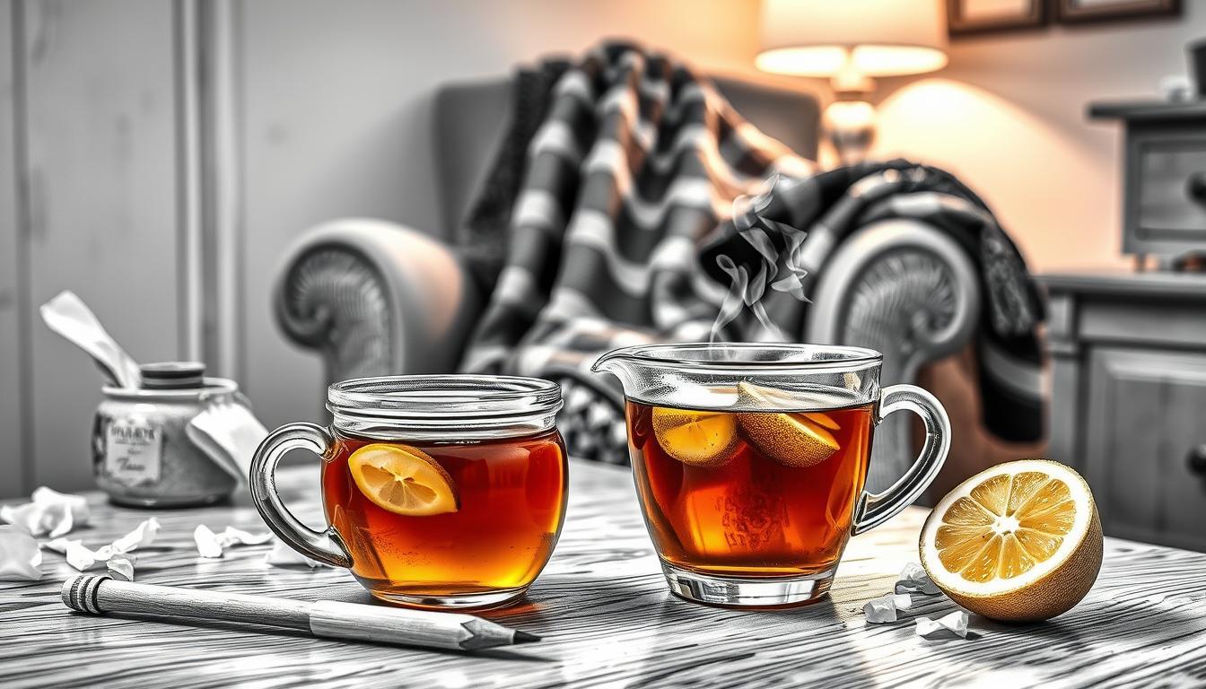 A cozy, inviting scene depicting immediate measures to combat the first signs of a cold. In the foreground, a table is set with a steaming cup of herbal tea, a jar of honey, and a slice of lemon, all rendered in detailed black and white with pops of color highlighting the tea and lemon. In the middle, there is a cozy blanket draped over the back of a chair, and a few scattered tissues suggestive of a caring environment. In the background, the soft glow of a lamp casts a warm light, creating a soothing atmosphere. The image should employ a shallow depth of field to focus on the tea while softly blurring the surroundings. The entire composition conveys a sense of comfort, warmth, and relief in combating illness.
