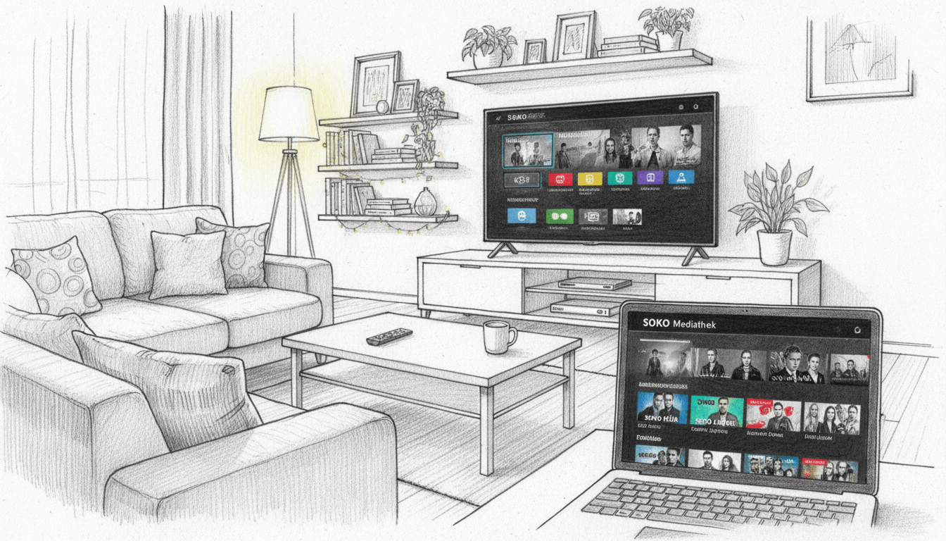 A cozy living room setting designed for streaming, featuring a stylish sofa with cushions, a sleek coffee table with a remote control, and a large flat-screen TV displaying a modern streaming interface. In the foreground, a laptop is open, showcasing the SOKO Mediathek interface with various show options. The middle layer includes decorative shelves with books and plants, creating a welcoming atmosphere. The background features a softly lit room with warm lights, enhancing the inviting mood. The entire scene is rendered in black and white pencil sketch style, with selective color accents highlighting the streaming options and the vibrant graphics on the TV screen, inviting viewers to explore online streaming choices. A cozy living room setting designed for streaming, featuring a stylish sofa with cushions, a sleek coffee table with a remote control, and a large flat-screen TV displaying a modern streaming interface. In the foreground, a laptop is open, showcasing the SOKO Mediathek interface with various show options. The middle layer includes decorative shelves with books and plants, creating a welcoming atmosphere. The background features a softly lit room with warm lights, enhancing the inviting mood. The entire scene is rendered in black and white pencil sketch style, with selective color accents highlighting the streaming options and the vibrant graphics on the TV screen, inviting viewers to explore online streaming choices.