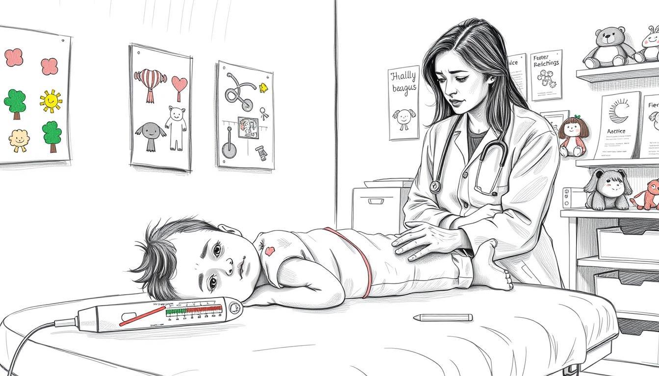 A cozy, softly lit pediatric consultation room featuring a concerned parent watching over a young child lying on an examination table, surrounded by doctor’s tools. The foreground captures the child's gentle expression as they exhibit mild discomfort, with a thermometer next to them showing a high reading. The middle layer includes the caring demeanor of a doctor in professional attire, discussing fever management with the parent. In the background, colorful children's artwork is displayed on the walls, emphasizing a nurturing atmosphere, with a few plush toys and health pamphlets visible. The image is in black and white pencil sketch style, with selected pops of color highlighting the toys and the thermometer for visual emphasis, creating a balance of seriousness and warmth ideal for discussing children's health.