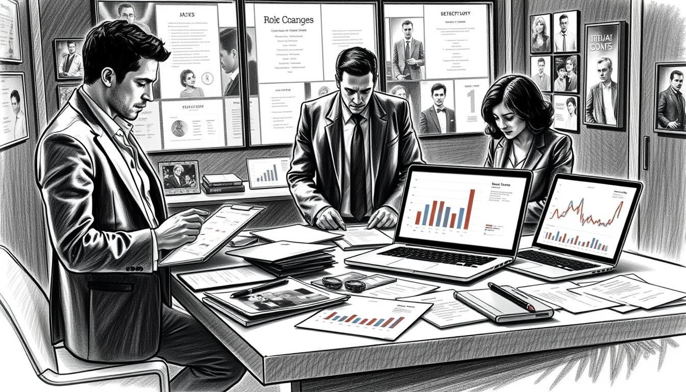 A detailed analysis scene inspired by a crime investigation in a modern urban setting. In the foreground, a diverse group of three professional detectives, dressed in sharp business attire, engage with digital devices displaying crime scene data. The middle ground features a large table cluttered with case files, photographs, and a laptop showing graphs related to role changes in a fictional crime drama series. In the background, view a dimly-lit office with walls filled with posters of iconic crime shows, subtly hinting at new actors for 2026. Utilize a black-and-white pencil sketch style with selective color accents on the digital screens and case files, creating a contrast that highlights the analysis theme. Soft, focused lighting illuminates the detectives, casting gentle shadows to enhance the investigative atmosphere.