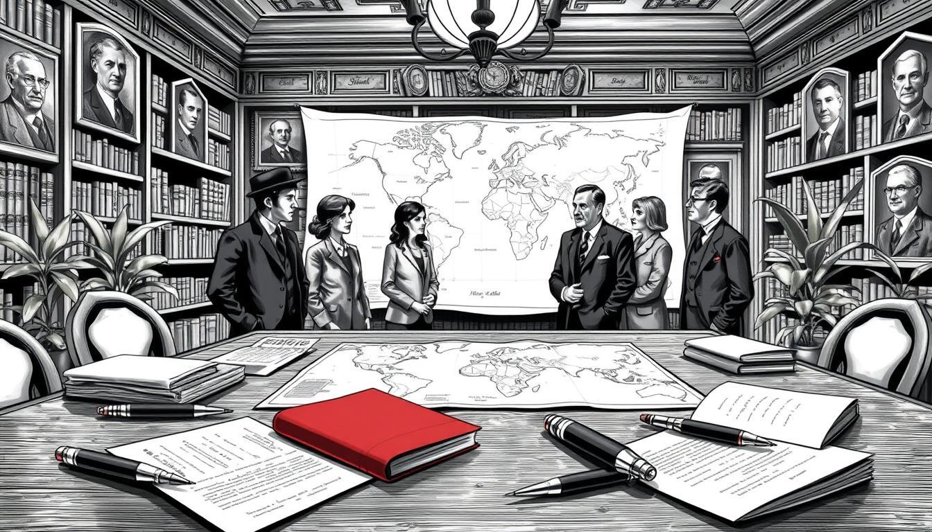 A detailed black and white illustration capturing significant political milestones from history on March 10th. The foreground features a table with documents and old-fashioned pens scattered across, symbolizing historic political agreements. In the middle ground, a diverse group of five professionals in business attire engage in a serious discussion, looking at a large map spread out before them, representing geopolitical changes. The background shows a softly lit library filled with vintage books and portraits of influential political leaders, creating an atmosphere of contemplation and historical significance. The entire scene is accented with subtle touches of color, such as a red folder and green plants, to highlight key elements and add depth. Soft lighting casts gentle shadows, enhancing the mood of reflection and importance.