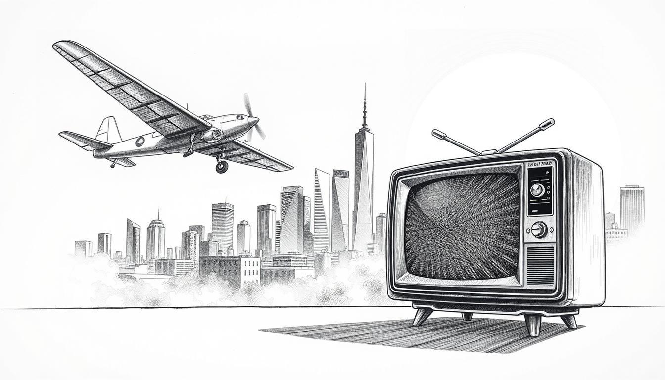 A detailed black and white illustration capturing technological breakthroughs and media innovations. In the foreground, a vintage airplane soaring gracefully, symbolizing the first flight, with intricate pencil shading. Transitioning to the middle ground, an iconic retro television set displaying static, with subtle color accents in the screen reflecting dynamic media changes. In the background, a city skyline with sleek skyscrapers representing modern technology. The lighting is soft and dramatic, casting gentle shadows to enhance depth. The overall mood evokes nostalgia and awe at progress, intertwining historical moments with modern innovation, all rendered in a clean, professional style without any text or distractions.