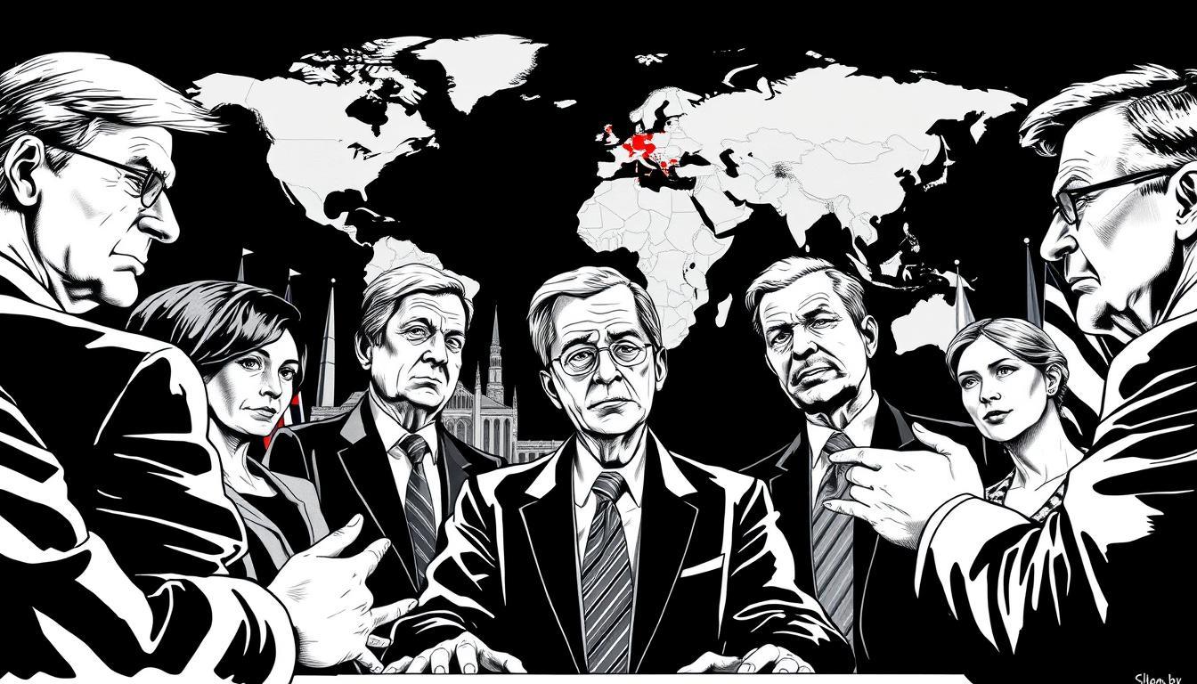 A detailed black and white illustration capturing the essence of international political conflicts. In the foreground, a diverse group of diplomats in professional business attire engage in intense discussions, showcasing expressions of determination and strategy. The middle ground features iconic world landmarks such as the United Nations building and flags of various nations, symbolizing global politics. In the background, a subtle world map outlines regions characterized by conflict, with selective color accents highlighting specific areas of tension, such as red for conflict zones and green for diplomatic efforts. The lighting is dramatic, creating a moody atmosphere that evokes urgency and seriousness, shot from a low angle to emphasize the gravity of the discussions. The entire composition should deliver a powerful visual narrative of the complexities in international relations.
