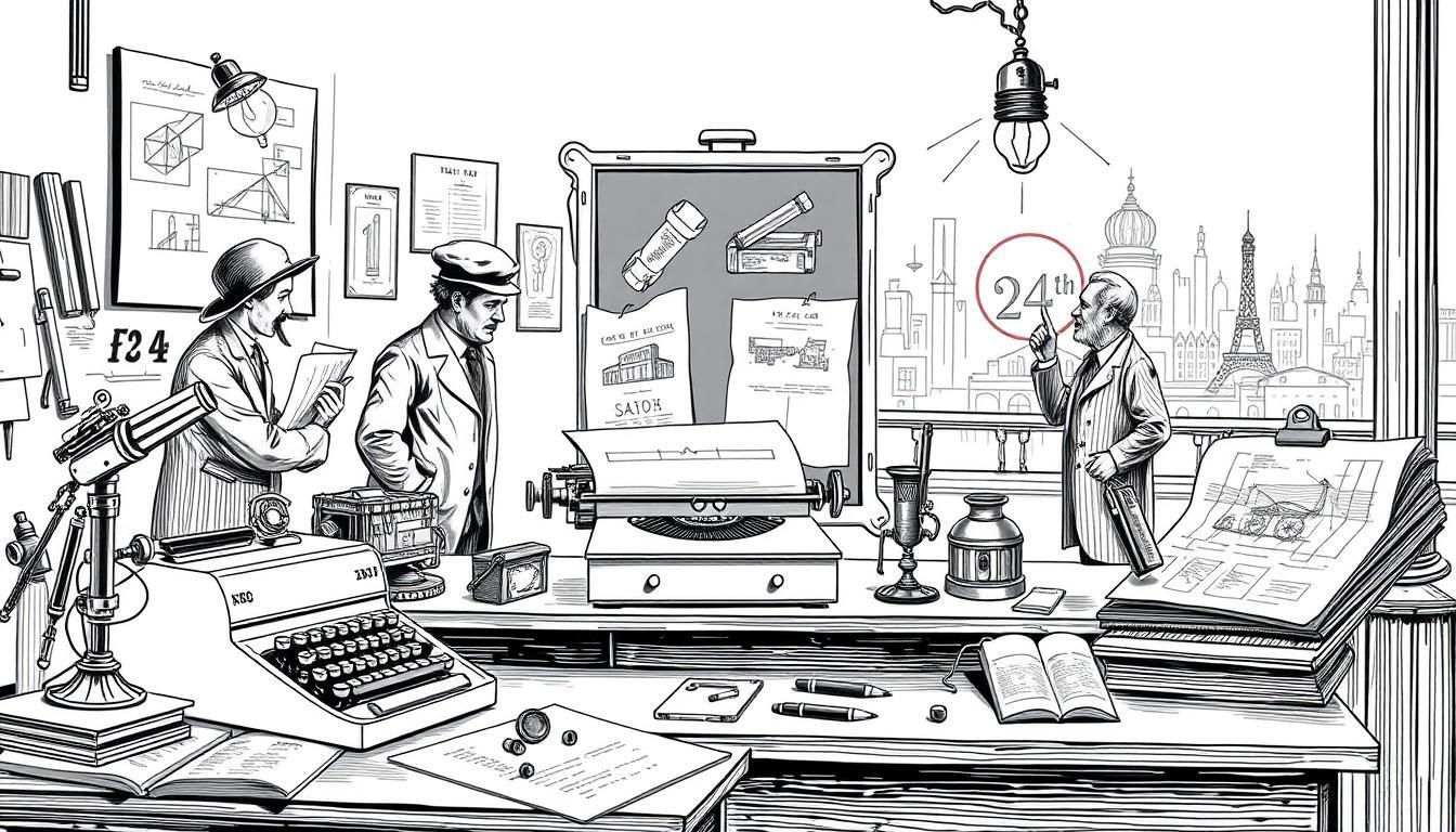 A detailed black and white illustration depicting significant historical milestones and inventions that occurred on February 24th. In the foreground, showcase a vintage desk with iconic inventions like a typewriter and early light bulb. The middle ground features historical figures in professional attire, engaged in discussions, surrounded by blueprints and diagrams. In the background, a faint silhouette of a bustling 19th-century cityscape can be seen, hinting at progress and innovation. Use soft lighting to emphasize the figures and objects while incorporating subtle colored accents in elements like the light bulb's glow and the ink on blueprints. The composition should balance nostalgia and inspiration, evoking a sense of wonder at the flow of history.