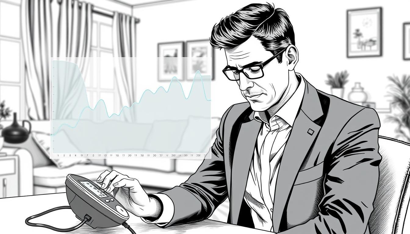 A detailed black and white illustration depicting the process of blood pressure monitoring trends at home. In the foreground, a well-dressed individual in professional attire, seated at a table, measures their blood pressure using a digital monitor. Their focused expression reflects the seriousness of health management. In the middle ground, a transparent chart with fluctuating blood pressure readings is displayed, representing collected data over time, highlighted with subtle color accents in shades of blue and green to signify different ranges. The background features a cozy living room setting with light streaming in through a window, conveying an atmosphere of comfort and routine. The lighting is soft and natural, illuminating the scene with a calm and reassuring mood, suggesting reliability and care in personal health practices.
