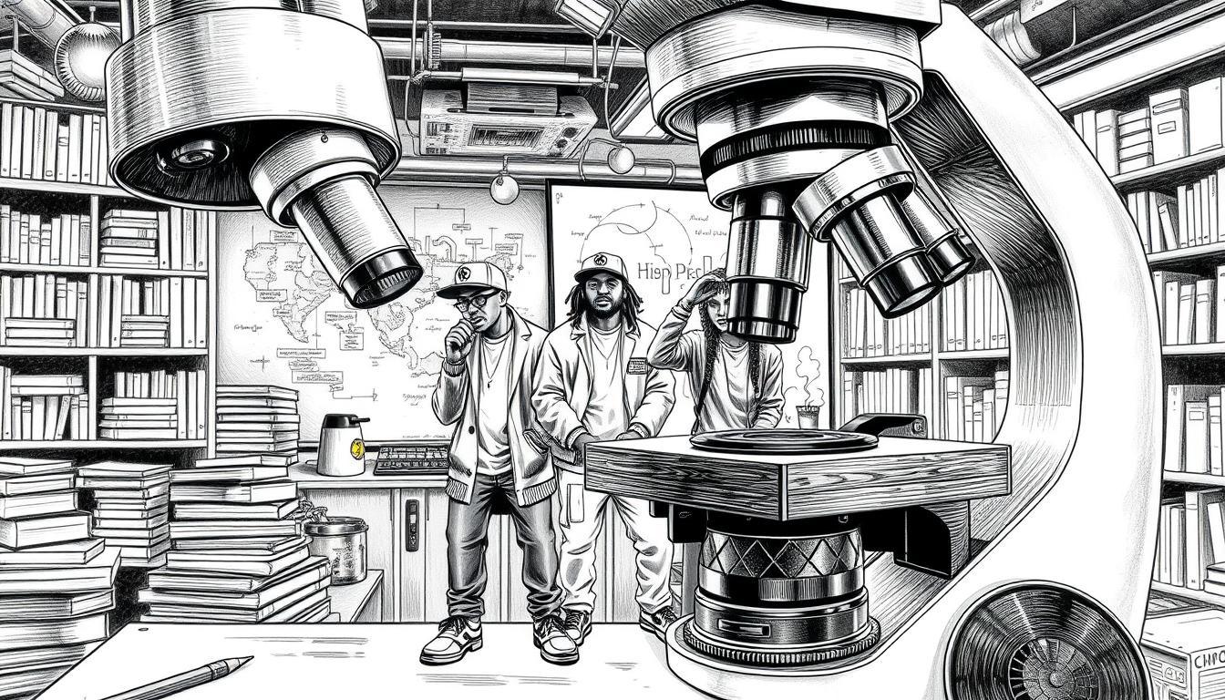 A detailed black and white illustration featuring a prominent electron microscope in the foreground, showcasing intricate details of its structure. In the middle ground, a diverse group of three figures representing hip-hop culture: an artist in stylish, professional casual clothing rapping, a DJ spinning records, and a breakdancer in a relaxed pose, all captured in dynamic movement. The background displays a scientific laboratory filled with books and research materials, symbolizing knowledge and culture. Use soft, dramatic lighting to create a focused atmosphere, with point-colored accents on the microscope and the hip-hop attire to emphasize their significance. The composition should evoke a blend of artistic expression and scientific exploration, balancing the realms of culture and innovation in an engaging way. A detailed black and white illustration featuring a prominent electron microscope in the foreground, showcasing intricate details of its structure. In the middle ground, a diverse group of three figures representing hip-hop culture: an artist in stylish, professional casual clothing rapping, a DJ spinning records, and a breakdancer in a relaxed pose, all captured in dynamic movement. The background displays a scientific laboratory filled with books and research materials, symbolizing knowledge and culture. Use soft, dramatic lighting to create a focused atmosphere, with point-colored accents on the microscope and the hip-hop attire to emphasize their significance. The composition should evoke a blend of artistic expression and scientific exploration, balancing the realms of culture and innovation in an engaging way.