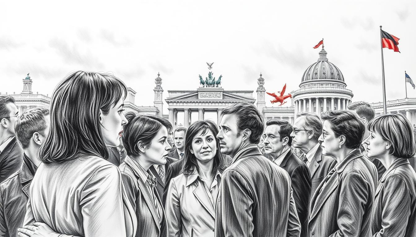 A detailed black and white pencil drawing capturing pivotal moments in German political history. In the foreground, a group of diverse individuals in professional business attire engaged in a heated discussion, representing different political viewpoints. In the middle ground, iconic landmarks such as the Brandenburg Gate and the Reichstag are subtly integrated, showcasing their historical significance. The background features a cloudy sky, creating a dramatic atmosphere, while occasional splashes of color symbolize key events, like bright red for protests and blue for peace treaties. Lighting is soft and diffuse, enhancing the reflective mood of contemplation and critical discourse in the image. The angle is slightly elevated, offering a comprehensive view of both the people and the historical context surrounding them.