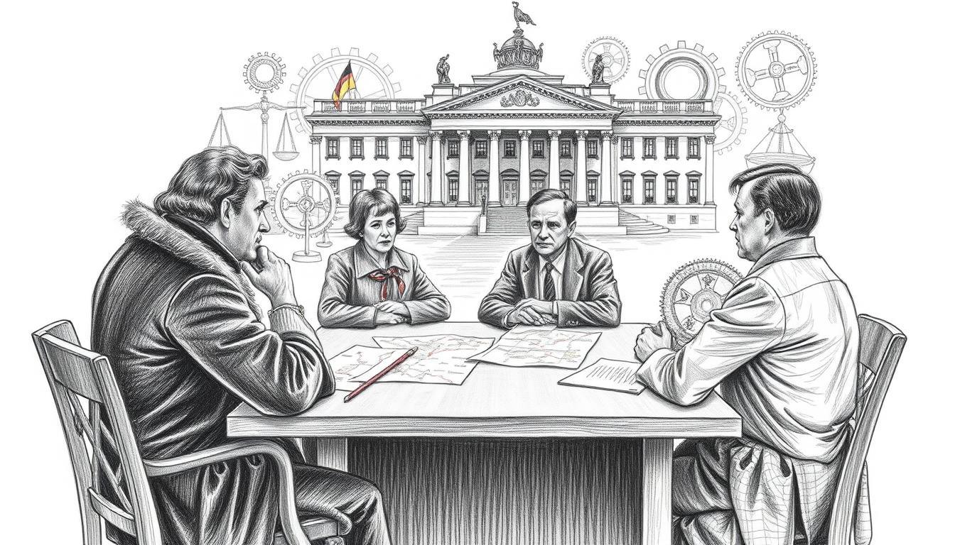 A detailed black and white pencil drawing depicting significant moments in German history from the Bundesfarben decision to the pension reform. In the foreground, illustrated are historical figures in professional attire, engaged in a discussion around a table filled with documents and maps. The middle ground features iconic symbols of the Bundesfarben – black, red, and gold – subtly highlighted with color accents to represent their historical significance. In the background, a stylized representation of the German Parliament building is sketched, surrounded by symbolic elements of reform, such as gears and scales of justice. The atmosphere is serious yet hopeful, illuminated by soft, ambient lighting that casts gentle shadows, creating a sense of depth and focus on the figures and symbols. The composition conveys the weight of history while emphasizing progress and reform. A detailed black and white pencil drawing depicting significant moments in German history from the Bundesfarben decision to the pension reform. In the foreground, illustrated are historical figures in professional attire, engaged in a discussion around a table filled with documents and maps. The middle ground features iconic symbols of the Bundesfarben – black, red, and gold – subtly highlighted with color accents to represent their historical significance. In the background, a stylized representation of the German Parliament building is sketched, surrounded by symbolic elements of reform, such as gears and scales of justice. The atmosphere is serious yet hopeful, illuminated by soft, ambient lighting that casts gentle shadows, creating a sense of depth and focus on the figures and symbols. The composition conveys the weight of history while emphasizing progress and reform.