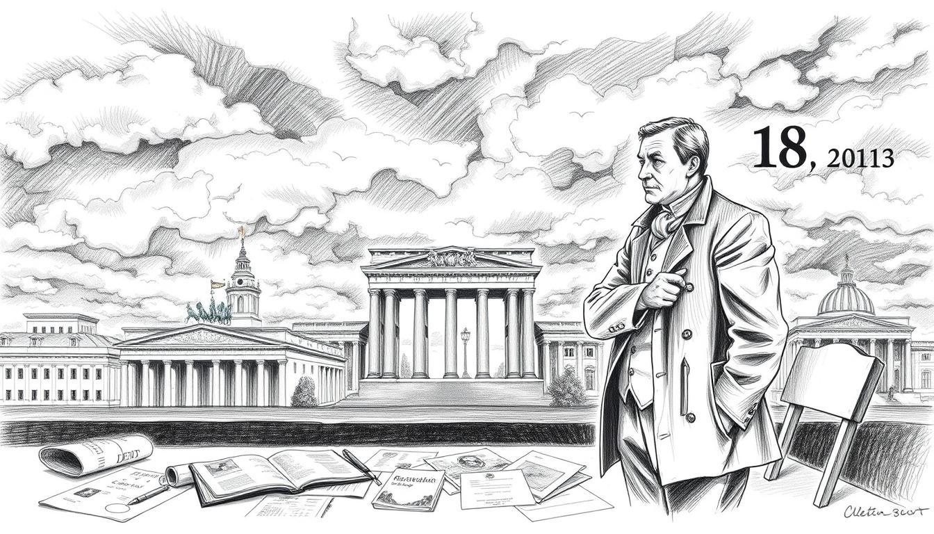 A detailed black and white pencil illustration depicting key historical events associated with February 18th in German history. In the foreground, a solemn figure in professional attire, representing a historian, stands thoughtfully beside a table covered with historical documents and maps. The middle ground features iconic German landmarks such as the Brandenburg Gate and the Reichstag, subtly suggesting significant moments. In the background, a cloudy sky creates a dramatic atmosphere, with scattered colored accents highlighting pivotal dates and figures in German history. The lighting is soft and moody, casting gentle shadows and emphasizing the seriousness of the theme. This composition creates a reflective and contemplative mood, inviting viewers to explore the depths of German history on this date.
