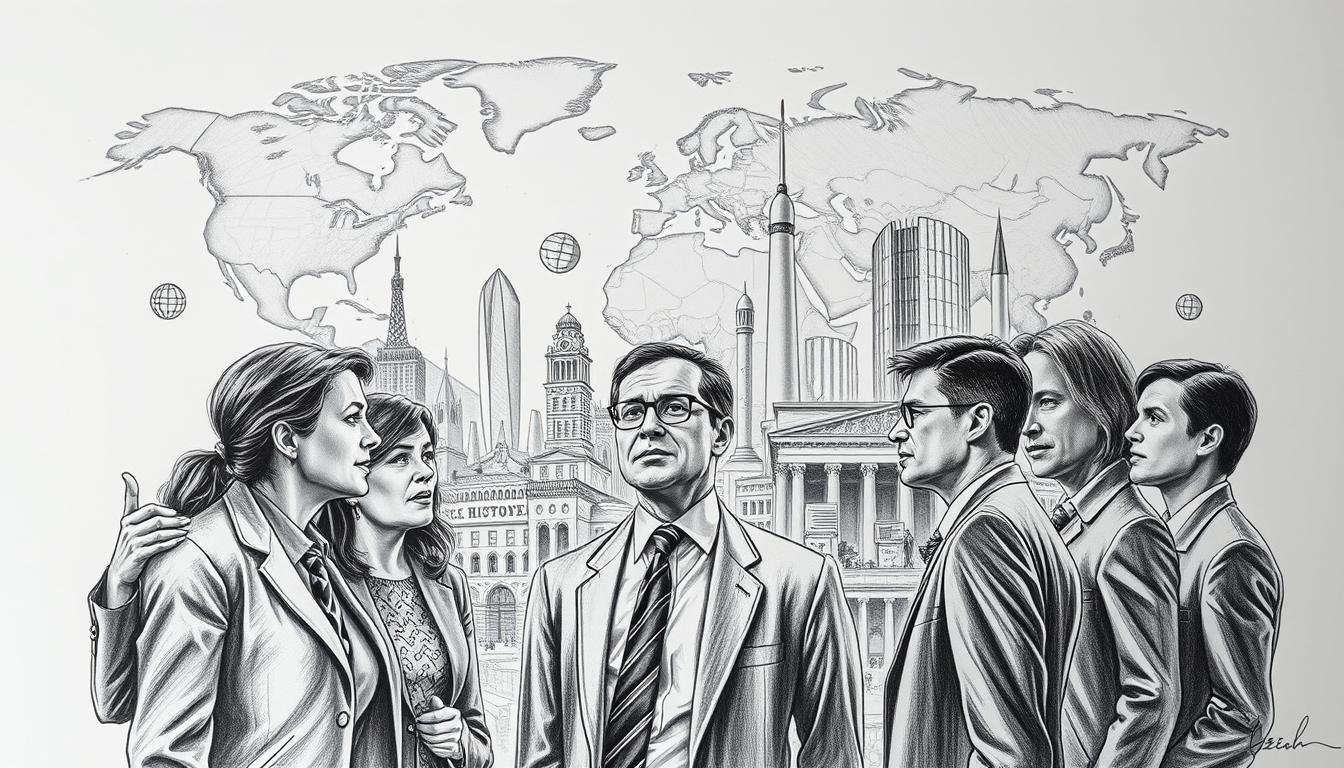 A detailed black and white pencil illustration depicting significant technological and political events of the 20th century, with selective color accents to highlight key moments. In the foreground, a diverse group of professionals in business attire passionately discussing global issues, symbolizing collaboration and progress. In the middle ground, iconic historical landmarks such as the Berlin Wall and the United Nations building, intertwined with representations of technological advancements like computers and rockets. The background features a stylized world map, subtly illustrating global connections. Soft, dramatic lighting enhances the mood of urgency and importance, while the composition captures a sense of dynamic movement, suggesting both reflection and forward momentum in history.