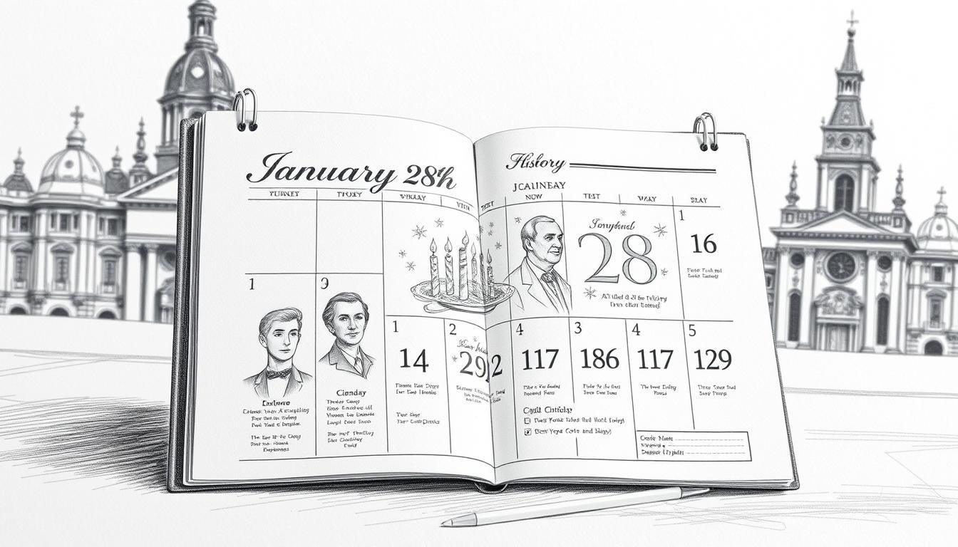 A detailed black and white pencil illustration highlighting the cultural history of January 28th, featuring notable birthdays and anniversaries. In the foreground, a classic open calendar page with elegantly drawn illustrations of famous historical figures from various fields, depicted in professional attire. The middle layer portrays festive elements, such as candles and decorative symbols representing each person's contributions, subtly accented with selective, vibrant colors. In the background, a softly sketched historical skyline blends seamlessly, establishing an atmosphere of reflection and celebration. Soft, warm lighting casts gentle shadows, enhancing the intricate pencil work, while an aesthetically pleasing depth of field invites viewers to explore the scene. The overall mood is thoughtful and respectful, inviting contemplation of the significance of these cultural milestones. A detailed black and white pencil illustration highlighting the cultural history of January 28th, featuring notable birthdays and anniversaries. In the foreground, a classic open calendar page with elegantly drawn illustrations of famous historical figures from various fields, depicted in professional attire. The middle layer portrays festive elements, such as candles and decorative symbols representing each person's contributions, subtly accented with selective, vibrant colors. In the background, a softly sketched historical skyline blends seamlessly, establishing an atmosphere of reflection and celebration. Soft, warm lighting casts gentle shadows, enhancing the intricate pencil work, while an aesthetically pleasing depth of field invites viewers to explore the scene. The overall mood is thoughtful and respectful, inviting contemplation of the significance of these cultural milestones.