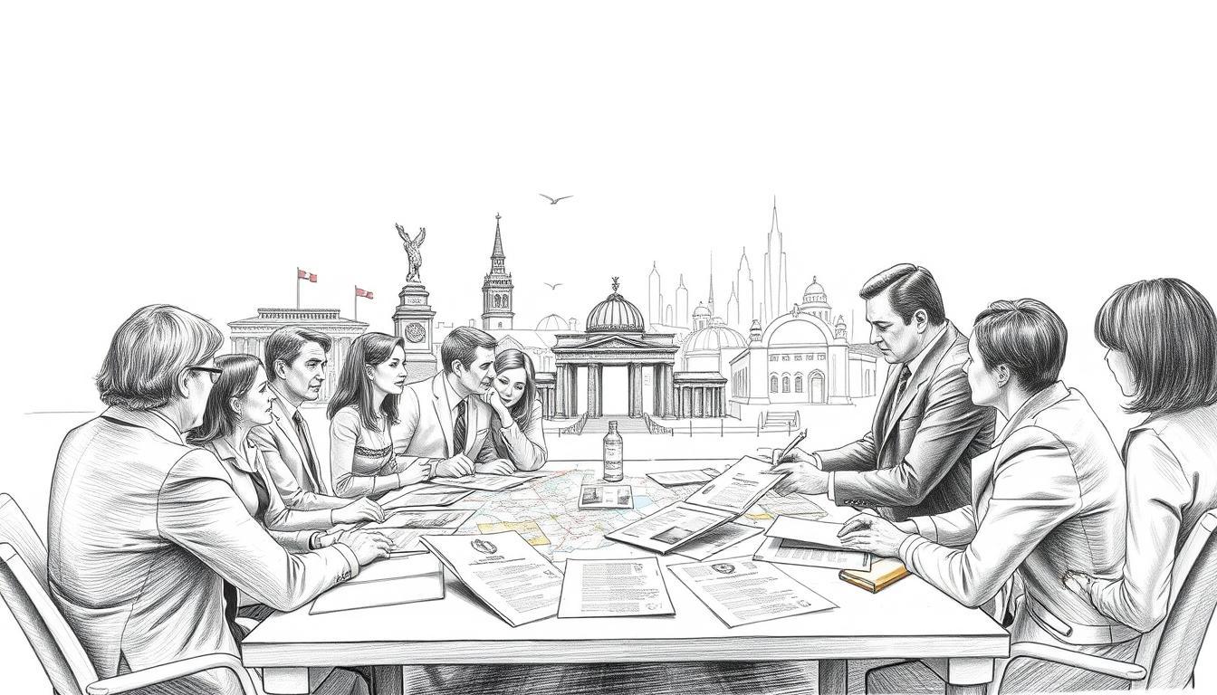 A detailed black and white pencil sketch illustrating "Commemorative Days and Recent History," focusing on political milestones. The foreground features a diverse group of individuals in professional business attire, engaged in a thoughtful discussion around a table filled with historical documents and maps. In the middle ground, iconic landmarks representing significant events of recent history, such as the Berlin Wall and famous political figures, are subtly depicted. The background is a faint outline of a city skyline, evoking a sense of time and change. Include strategic splashes of color highlighting key documents and symbols, conveying a mood of reflection and contemplation. Soft, diffused lighting enhances the atmosphere, giving the scene a timeless quality, and capturing the importance of historical remembrance and its impact on the present. A detailed black and white pencil sketch illustrating "Commemorative Days and Recent History," focusing on political milestones. The foreground features a diverse group of individuals in professional business attire, engaged in a thoughtful discussion around a table filled with historical documents and maps. In the middle ground, iconic landmarks representing significant events of recent history, such as the Berlin Wall and famous political figures, are subtly depicted. The background is a faint outline of a city skyline, evoking a sense of time and change. Include strategic splashes of color highlighting key documents and symbols, conveying a mood of reflection and contemplation. Soft, diffused lighting enhances the atmosphere, giving the scene a timeless quality, and capturing the importance of historical remembrance and its impact on the present.