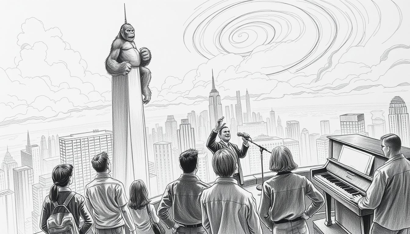 A detailed black and white pencil sketch illustrating the iconic moments in cultural history featuring King Kong and Udo Jürgens. In the foreground, portray King Kong climbing a skyscraper, looking fierce yet majestic, surrounded by a few amazed onlookers in modest casual clothing, capturing a sense of awe. In the middle ground, depict Udo Jürgens performing on stage, a piano nearby, with a spotlight highlighting him, emphasizing his charismatic presence. In the background, a city skyline fills the scene, with clouds swirling dramatically above. Incorporate subtle colored accents in the onlookers' clothing and the piano keys to add depth to the monochrome. The overall mood is a blend of nostalgia and celebration, with soft yet dramatic lighting to evoke a timeless quality.