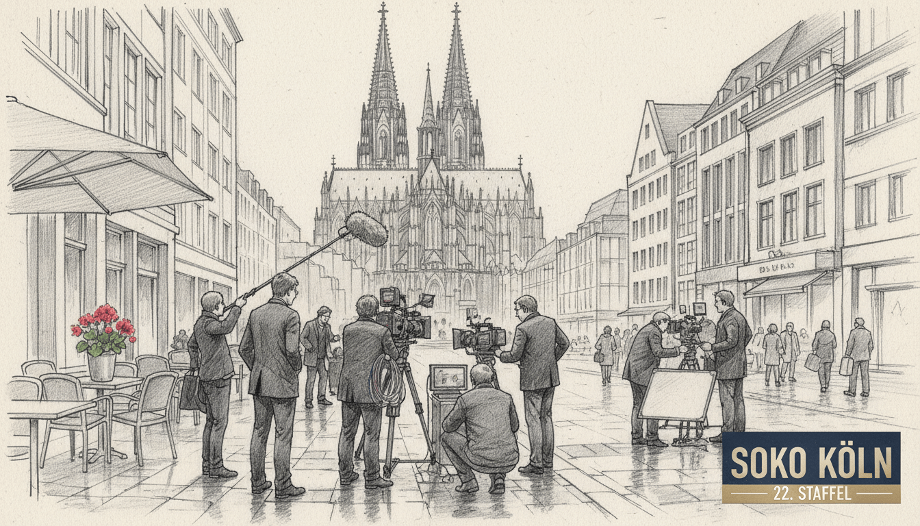 A detailed, black-and-white pencil sketch of the SOKO Köln filming location, capturing the essence of the city with classic Cologne architecture in the background, showcasing the iconic Cologne Cathedral. In the foreground, depict a small filming crew in professional attire, setting up equipment and discussing scenes. Incorporate subtle colored accents to highlight important elements like the crew's cameras, film equipment, and some flowers in a nearby café. The lighting should be soft and natural, as if it’s early morning, creating a calm and focused atmosphere. The scene should be viewed slightly from above to provide depth, inviting the audience into the world of SOKO Köln while emphasizing the production aspect of the show's 22nd season. A detailed, black-and-white pencil sketch of the SOKO Köln filming location, capturing the essence of the city with classic Cologne architecture in the background, showcasing the iconic Cologne Cathedral. In the foreground, depict a small filming crew in professional attire, setting up equipment and discussing scenes. Incorporate subtle colored accents to highlight important elements like the crew's cameras, film equipment, and some flowers in a nearby café. The lighting should be soft and natural, as if it’s early morning, creating a calm and focused atmosphere. The scene should be viewed slightly from above to provide depth, inviting the audience into the world of SOKO Köln while emphasizing the production aspect of the show's 22nd season.