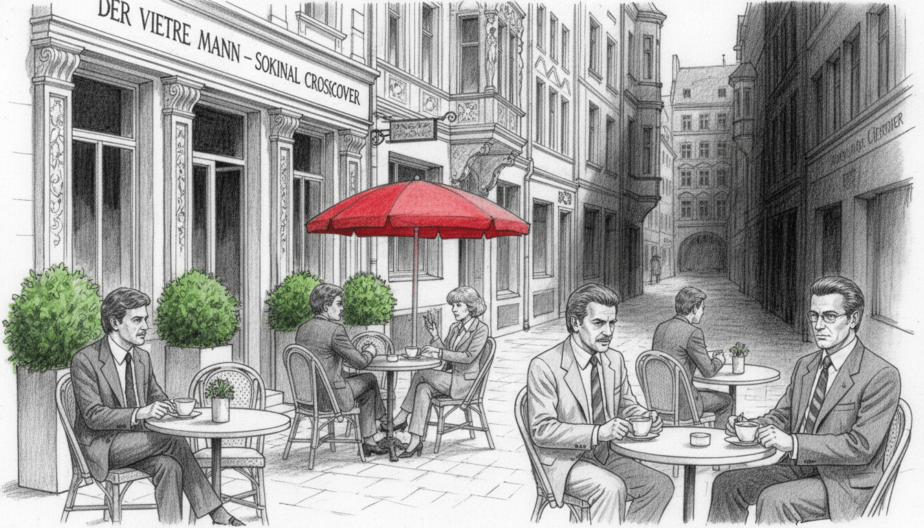 A detailed black and white sketch of a cinematic scene from "Der vierte Mann," where iconic shooting locations from ZDF crime series SOKO are visible. In the foreground, an elegant old European café with patrons in professional business attire, sipping coffee. In the middle, historical buildings showcasing intricate architecture typical of 1980s urban landscapes. The background features a dimly lit alley, evoking a sense of mystery with shadows playing across cobblestone streets. Use soft, natural lighting to create depth and texture, while adding selective color accents like a red umbrella and green foliage to draw the eye. Capture the mood of a suspenseful crime drama, inviting viewers into this atmospheric crossover event.