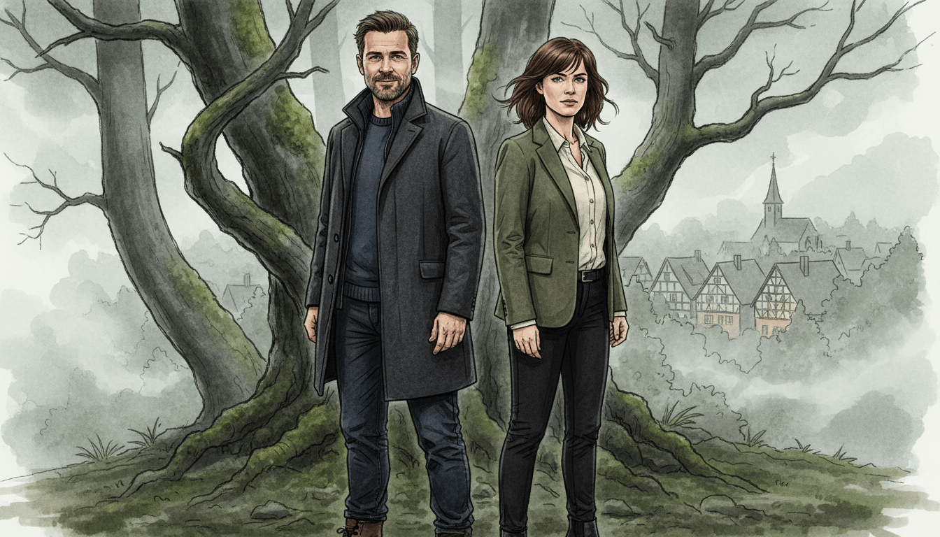 A detailed character profile illustration of the detective duo Tobler and Berg from the series "Tatort Schwarzwald." In the foreground, depict Detective Tobler, a man in his late 30s with a rugged yet approachable face, wearing a professionally tailored dark coat over a smart casual outfit. Beside him, Detective Berg, a woman in her early 30s with an intense gaze and shoulder-length hair, dressed in a stylish blazer over a modest shirt. In the middle, blend elements of a mysterious Black Forest setting, like dense trees and mist. The background features hints of a quaint village, partially obscured by fog. Soft, diffused lighting creates a moody atmosphere, captured from a slightly elevated angle to emphasize their partnership and surroundings.