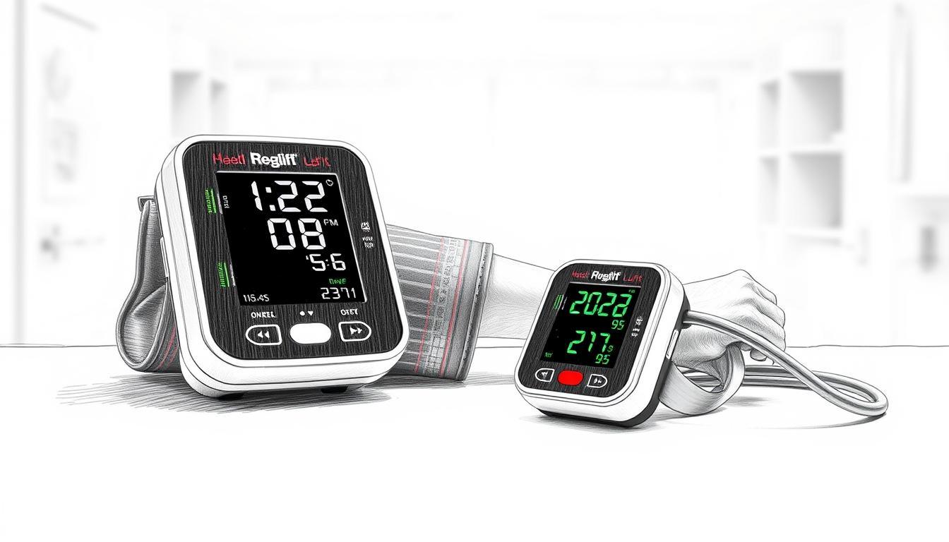 A detailed comparison of an upper arm blood pressure monitor and a wrist blood pressure monitor, displayed side by side on a clean, white surface. The upper arm monitor has a large, digital display and a cuff wrapped around an anatomical model of a human arm. The wrist monitor is positioned nearby, with its strap extended for visibility. In the background, a softly lit clinical setting adds a sense of professionalism and health. The image is in pencil sketch style, predominantly black and white, with subtle colored accents on the monitors’ displays to highlight their features. The atmosphere is informative and calm, creating an educational vibe suitable for a healthcare article.