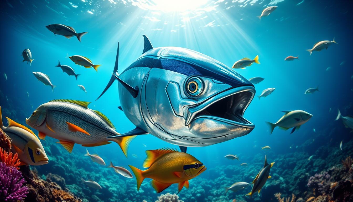A detailed comparison of exclusive fish species, showcasing the majestic Bluefin Tuna front and center, exhibiting its rich hues of deep blue and silver. Surround it with rare fish species native to various oceans, each in vibrant colors and unique shapes. The foreground features close-up details of scales, fins, and textures, highlighting the beauty and diversity of these fish. In the middle ground, create a serene underwater scene with soft, filtered light streaming through the surface, casting gentle reflections. The background should illustrate a colorful coral reef, adding depth and life to the composition. Use a wide-angle lens effect to enhance the underwater perspective, conveying a calm and enigmatic atmosphere of ocean life while ensuring the image remains professional and suitable for educational purposes.