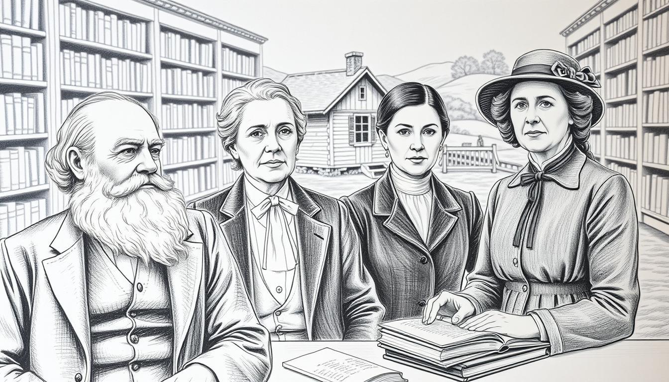A detailed illustration depicting notable historical figures born on February 10th. In the foreground, feature elegantly sketched portraits of influential personalities, such as Charles Darwin and Laura Ingalls Wilder, dressed in professional business attire. The middle ground includes elements symbolizing their contributions, like scientific books for Darwin and a rustic cabin representing Wilder's literary works. In the background, create a soft, blurred landscape that hints at a library or a historical setting, maintaining focus on the figures. The entire composition should be in black and white pencil drawing, accented with subtle color highlights on the figures' clothing and key elements to draw attention. Aim for a contemplative mood, highlighting the significance of their legacies while ensuring a clean and sophisticated presentation. Use soft lighting to enhance textures and details.