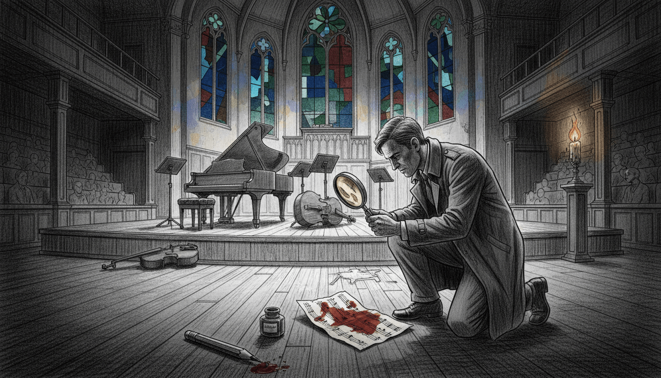 A detailed illustration of a crime scene set in a traditional German music association, depicting a mysterious and somber atmosphere. In the foreground, a professional investigator in a dark suit examines a crumpled sheet of music, highlighting their intense focus. The middle ground features a classic wooden stage adorned with musical instruments, with a faint outline of a tensed audience watching. The background reveals an elegantly decorated chapel with soft, ambient lighting, dotted with colorful accents to mimic stained glass. The scene is captured using a wide-angle lens to enhance depth; it’s rendered in black and white pencil sketch style, with selective pops of color to draw attention to significant elements. The overall mood is tense and suspenseful, embodying the essence of a thrilling murder mystery.