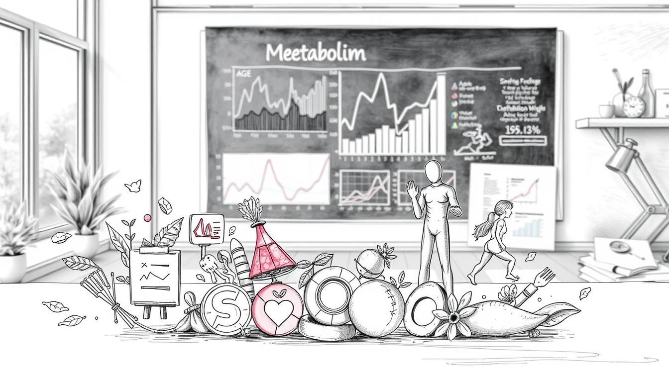 A detailed illustration showcasing the four key influencing factors on basal metabolic rate, depicted in black and white pencil sketch style with selective color accents. In the foreground, visualize a dynamic arrangement of icons representing each factor: age, gender, body composition, and activity level, artistically interwoven with organic shapes. In the middle, create a scientific environment with charts and graphs on a chalkboard-style background, presenting data points related to metabolism. The background should feature a neutral workspace with soft lighting, enhancing the professional atmosphere, perhaps with a window showcasing a calm outdoor scene. The overall mood is informative and inviting, with a focus on education and clarity. No text or labels should be included, keeping the focus entirely on the visual elements.