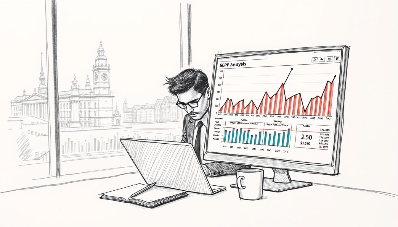 A detailed, monochromatic pencil sketch of a digital SERP analysis dashboard, focusing on keyword trends and SEO metrics. In the foreground, an analytics screen displays charts and graphs with vibrant colored accents to highlight key data points. The middle layer includes a professional individual in business attire, intently analyzing the data on a laptop, surrounded by notepads and a coffee cup. The background features a modern office setting with a large window revealing a cityscape of Hamburg, bringing in natural light. The mood is analytical and professional, with a sense of urgency and insightfulness permeating the scene, showcasing the importance of understanding SEO trends in content creation.